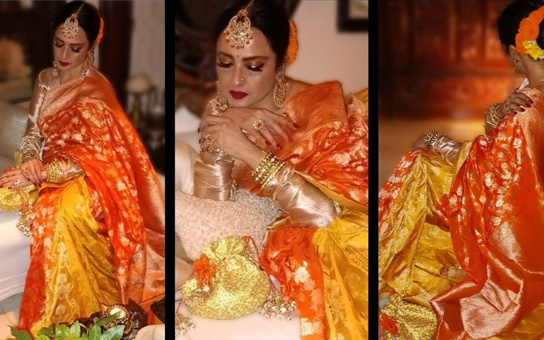 Rekha emerges as the unofficial brand ambassador of Kanjeevaram sarees at Manish Malhotra's Diwali bash.