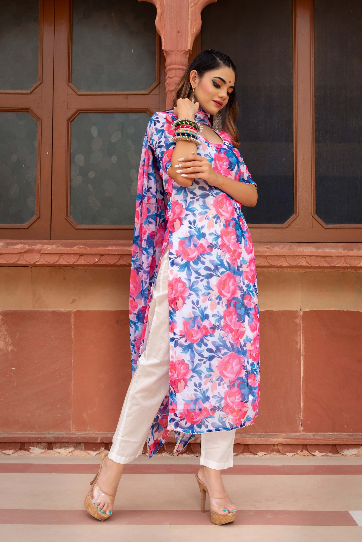 Jarokha Multi Colored Phulwari Chiffon Suit