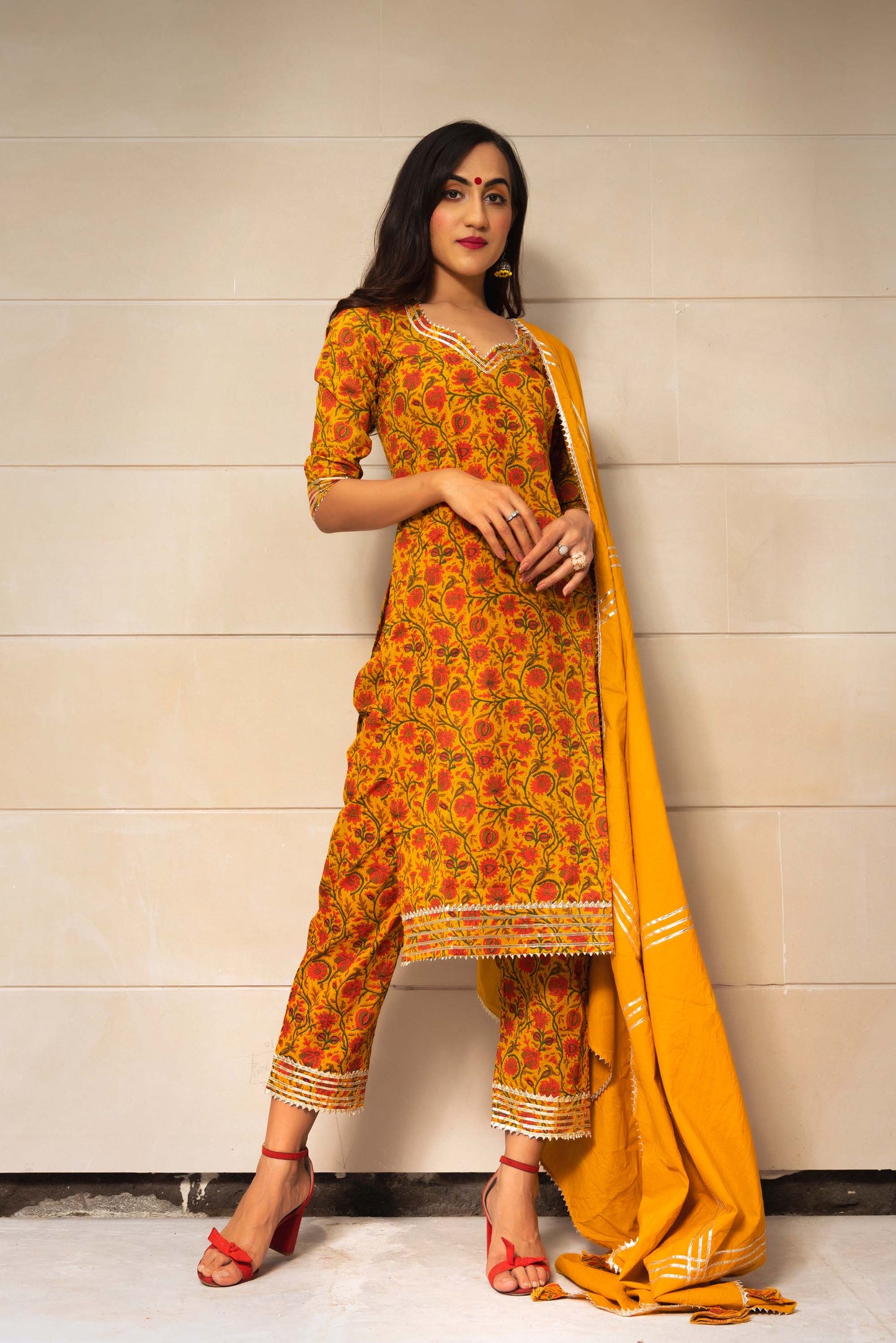 Jarokha Mustard yellow hand block print kurta set