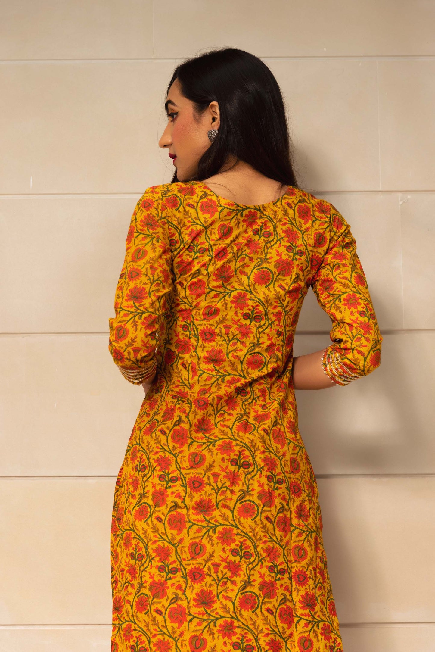 Jarokha Mustard yellow hand block print kurta set