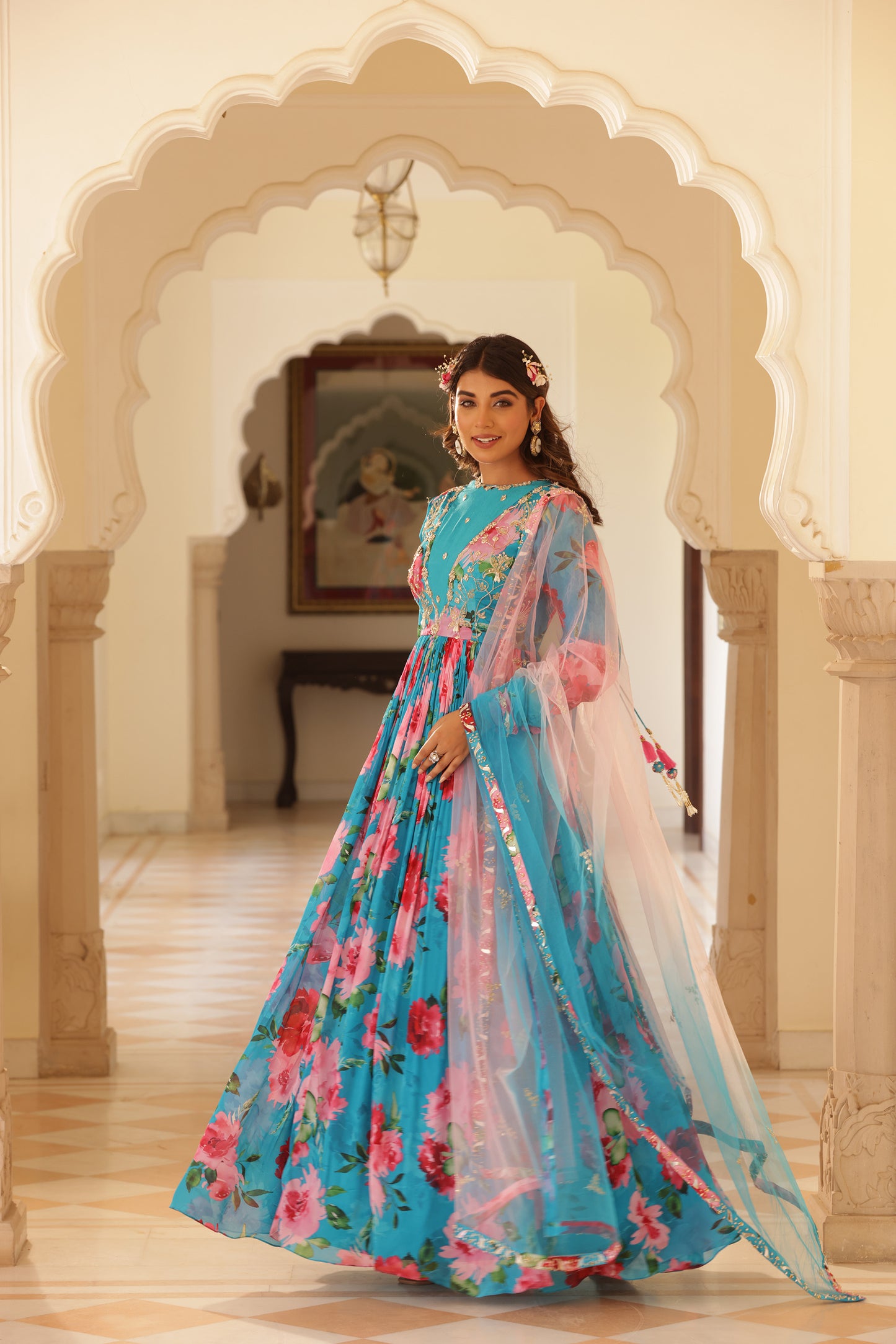 Gulnaz Blue floral printed anarkali set