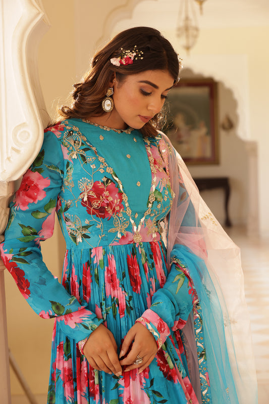 Gulnaz Blue floral printed anarkali set