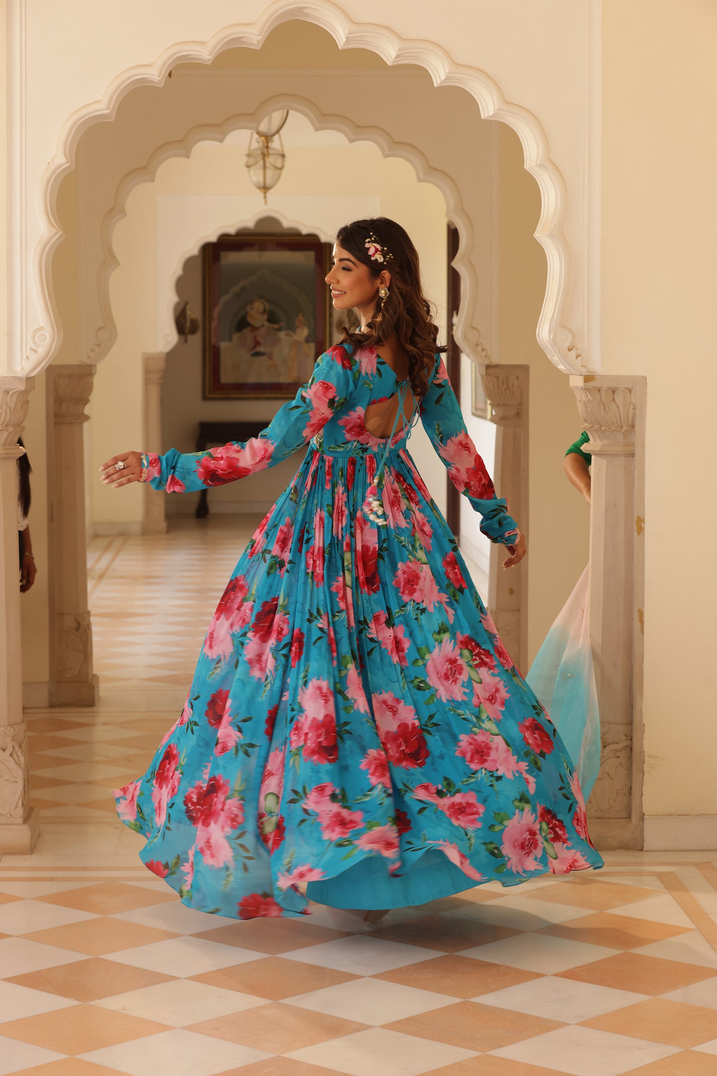 Gulnaz Blue floral printed anarkali set