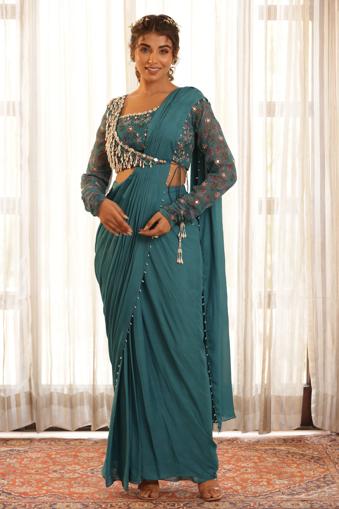 Mehraab Green Hand embroidered Guest saree set