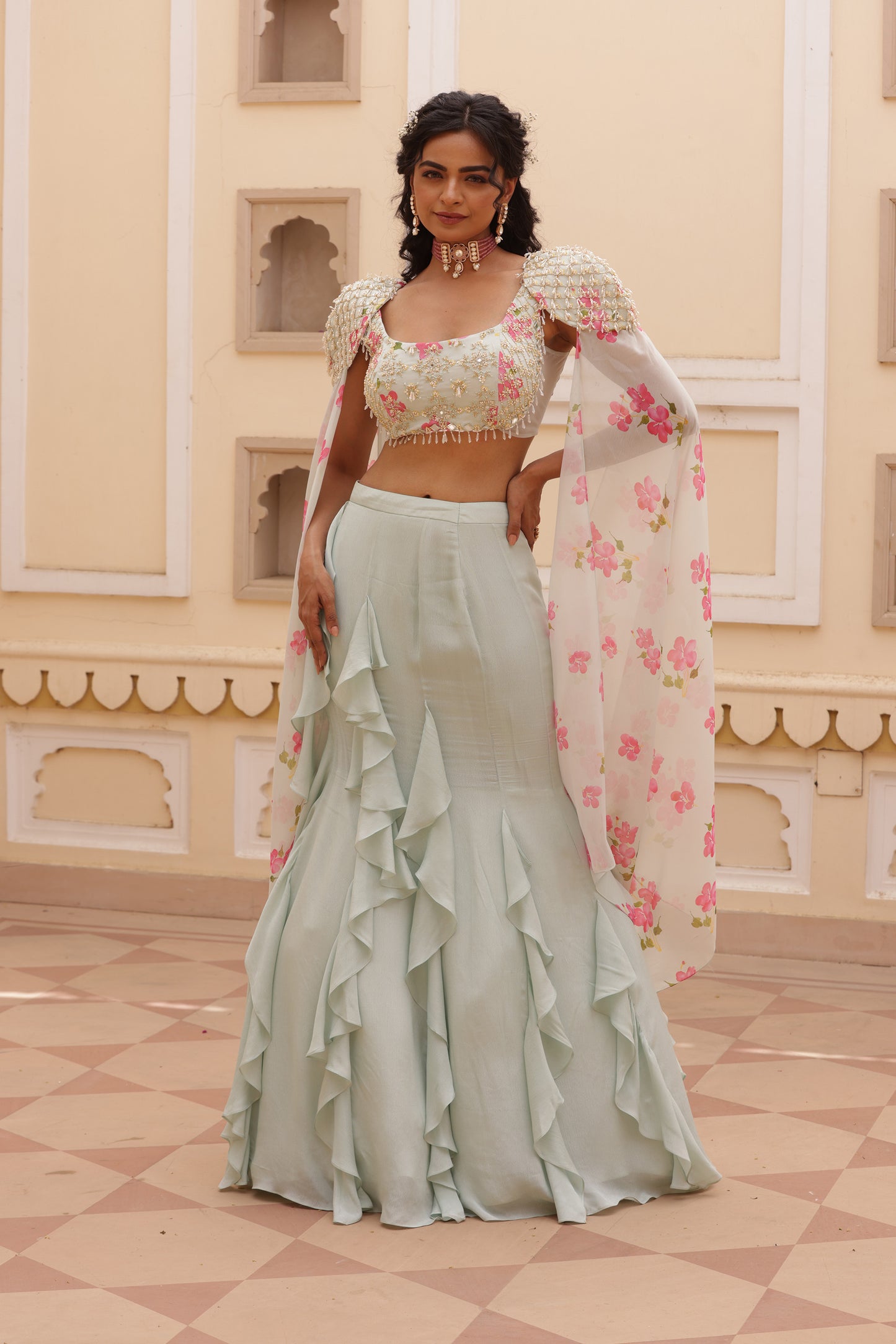 kiah Fish cut and ruffle Green lehenga