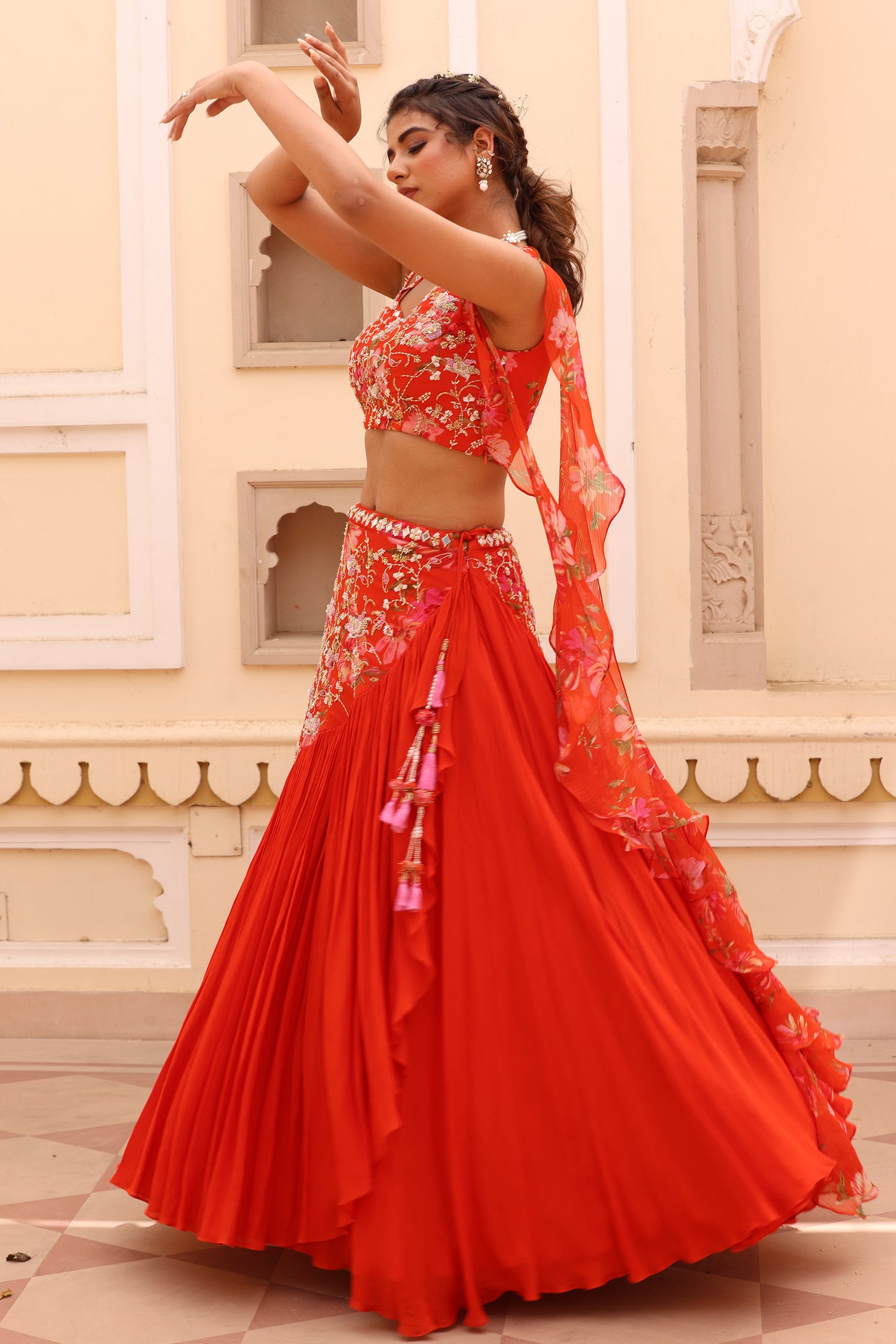 sahiba Orange Chiffon Zardosi Sangeet lehenga