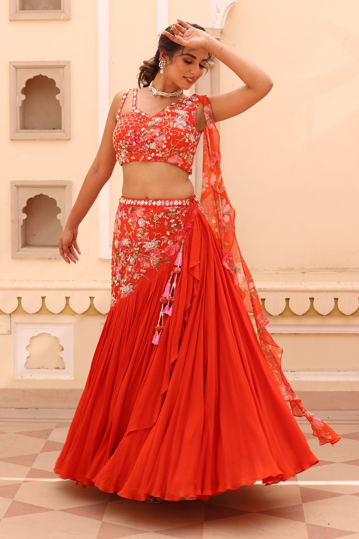 sahiba Orange Chiffon Zardosi Sangeet lehenga