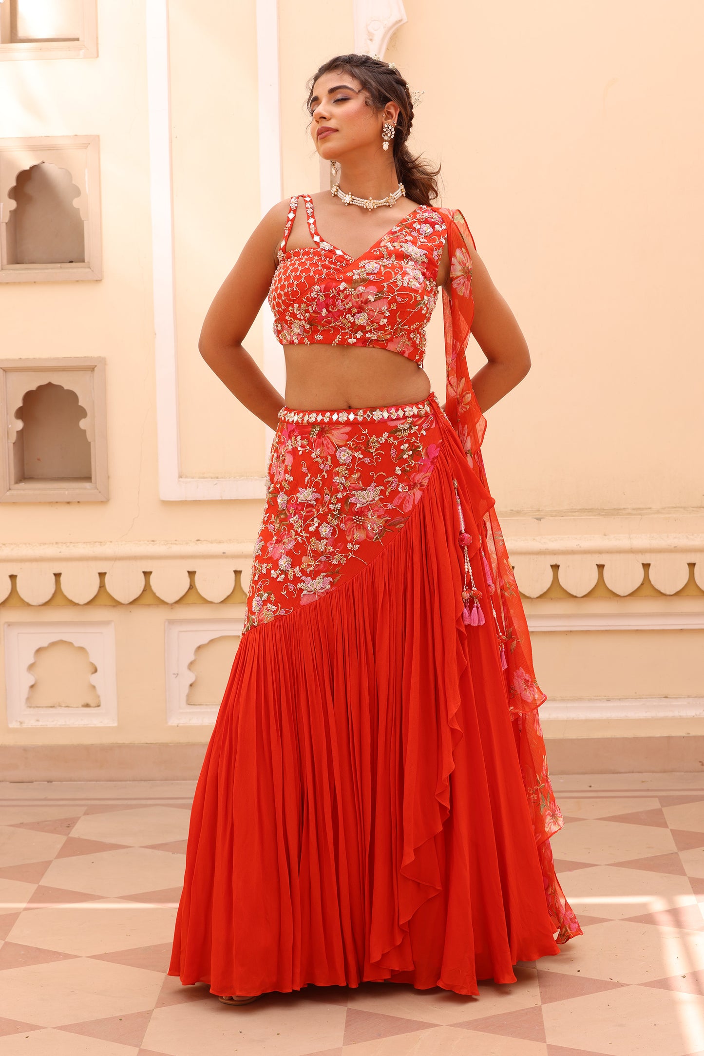 sahiba Orange Chiffon Zardosi Sangeet lehenga