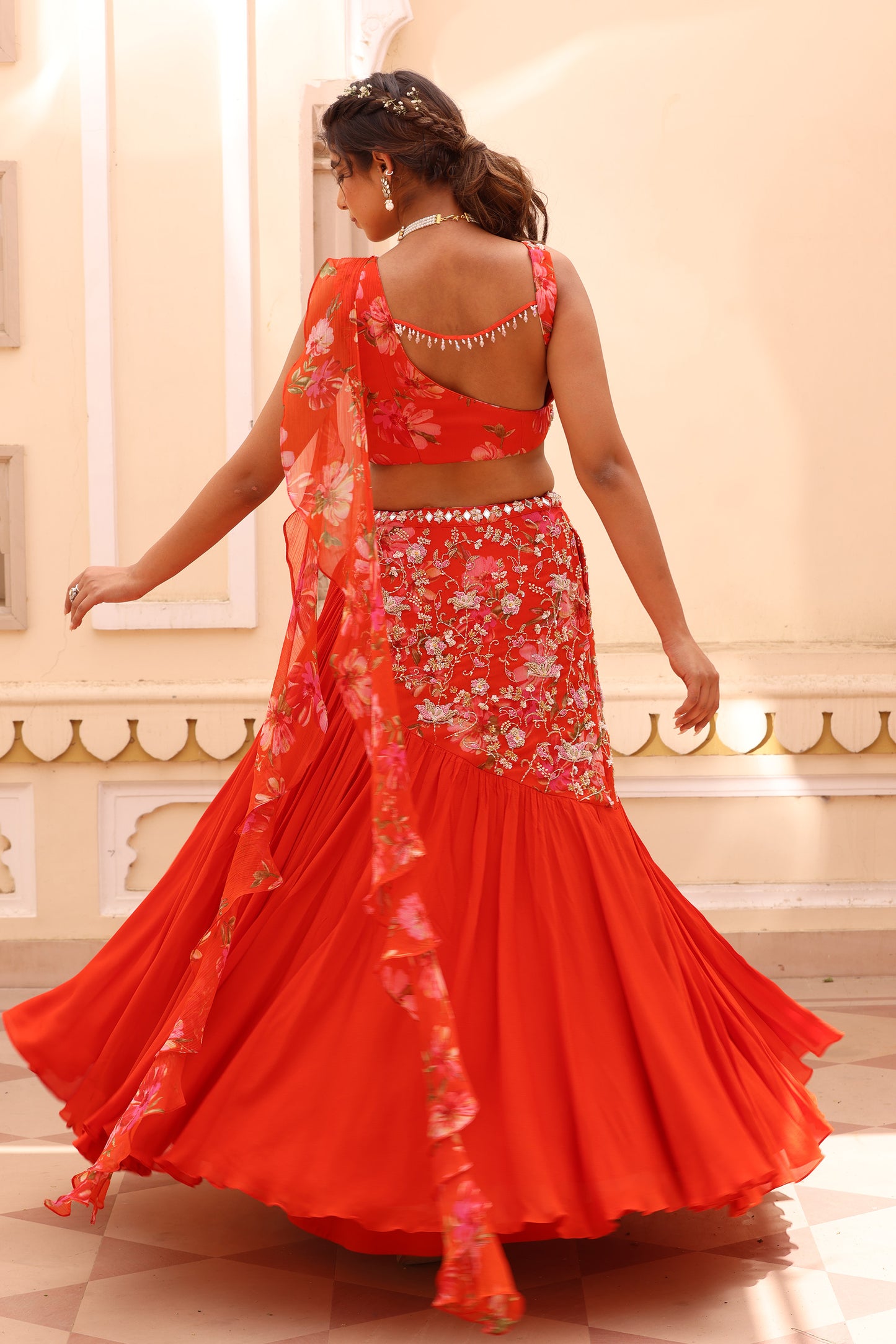 sahiba Orange Chiffon Zardosi Sangeet lehenga