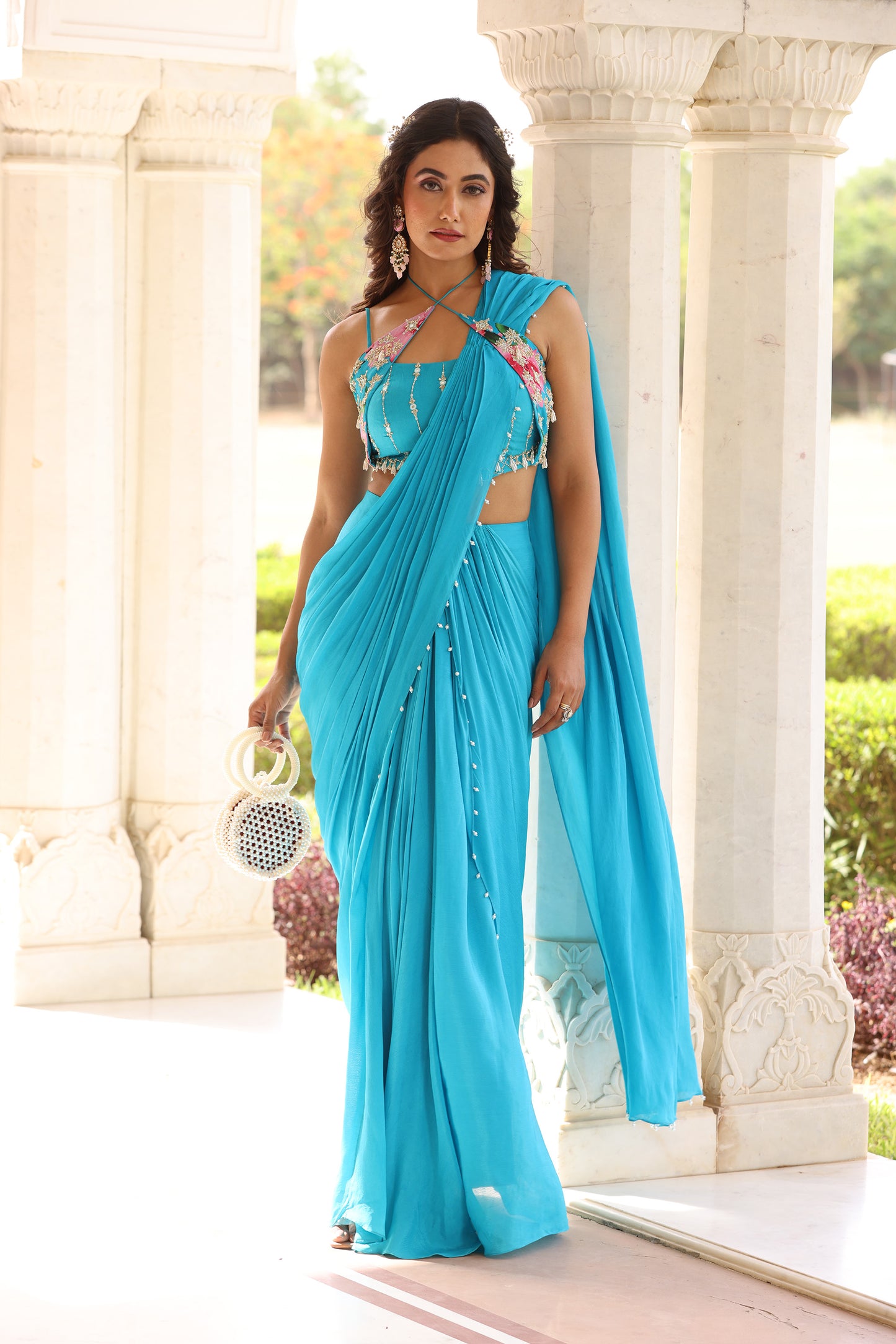 sahiba Blue Hand embroidered drape saree