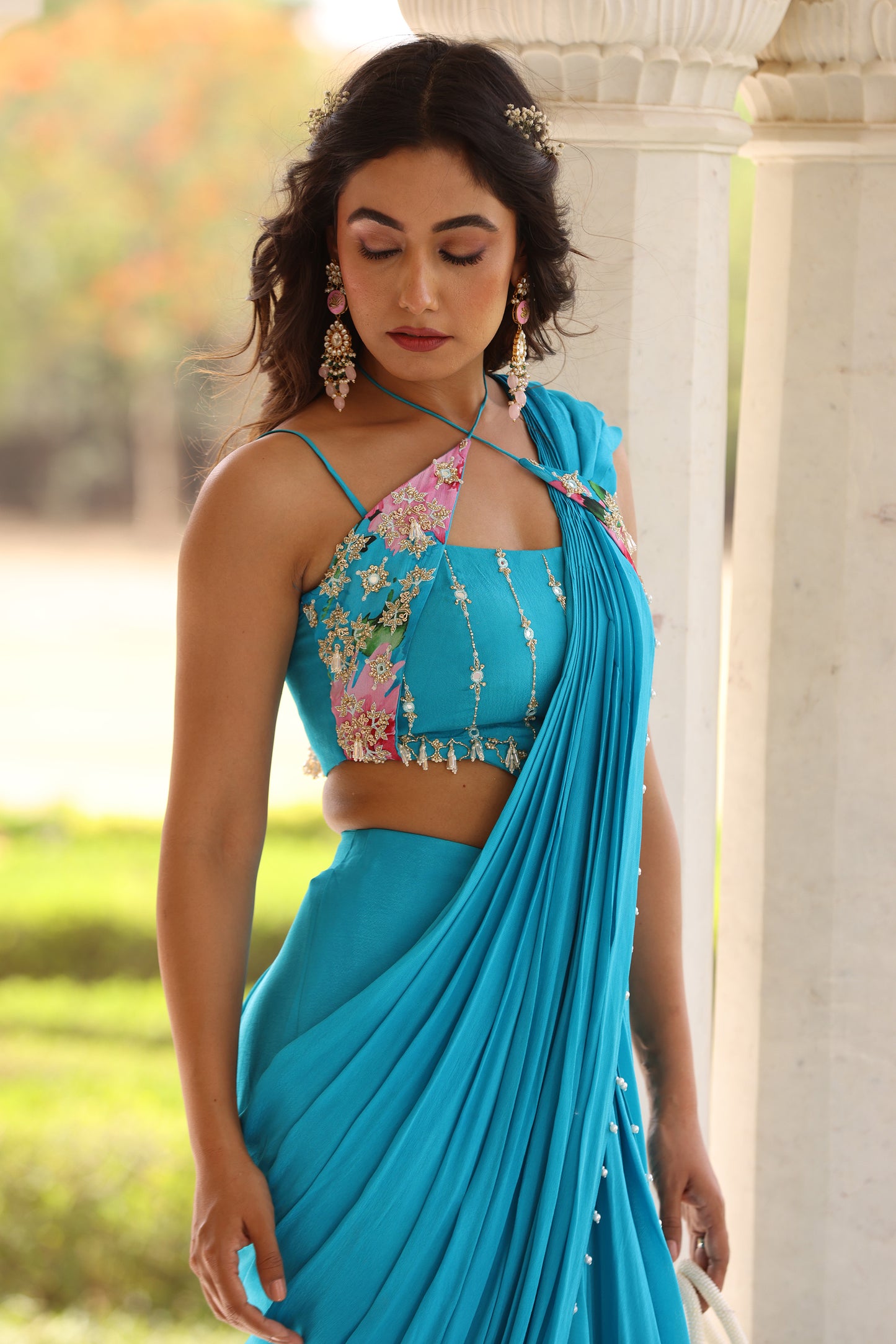 sahiba Blue Hand embroidered drape saree