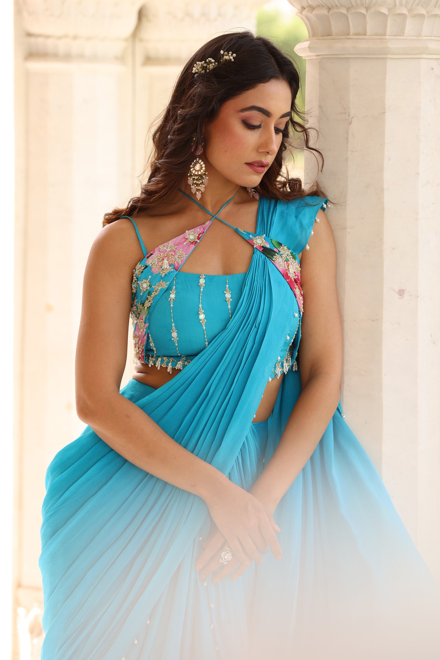 sahiba Blue Hand embroidered drape saree