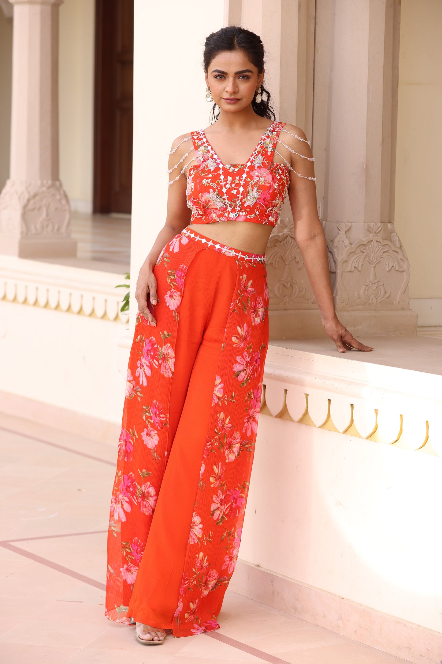 Kudi Orange Hand embroidered Mehendi pant set