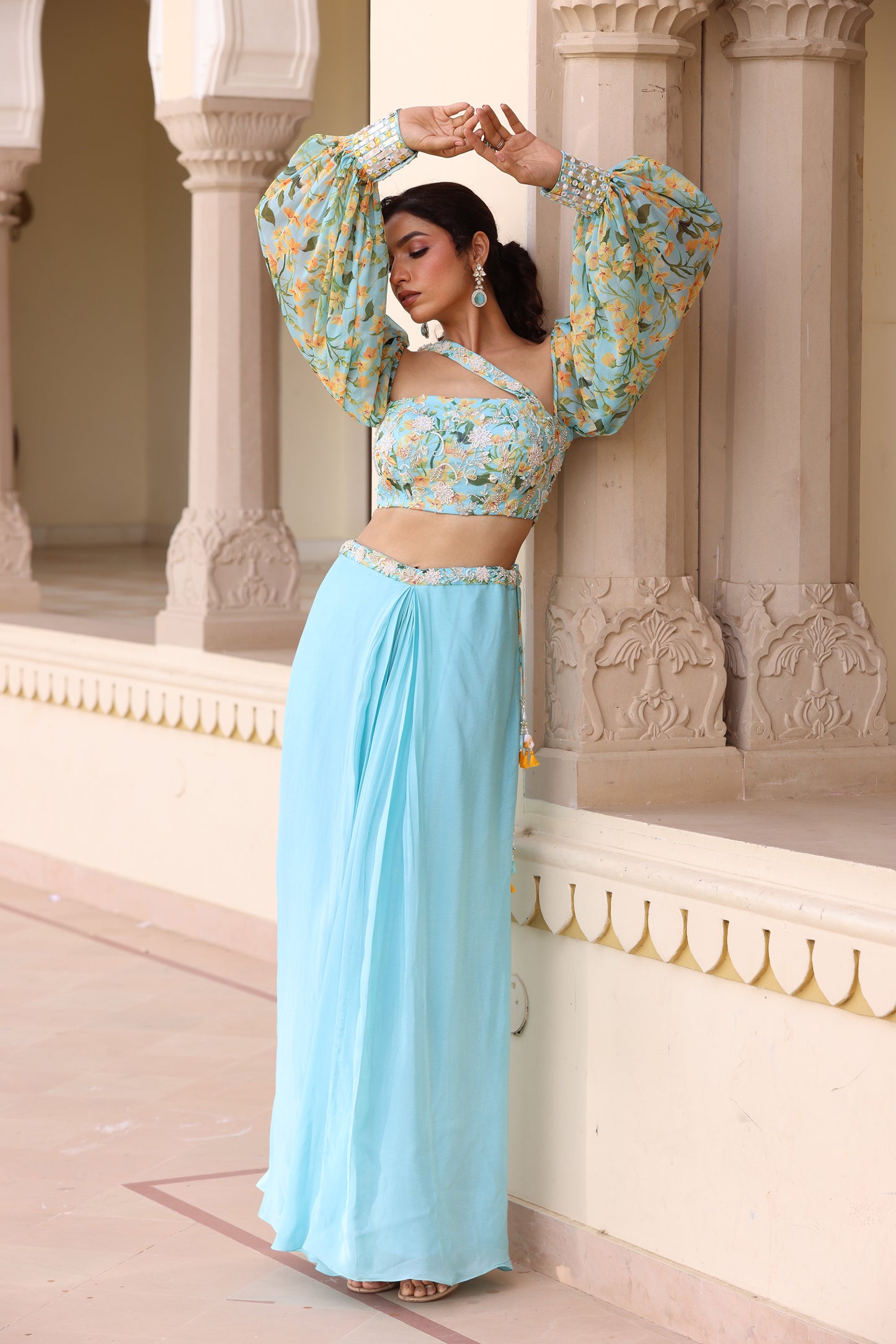 Gul Noor Blue drape skirt set