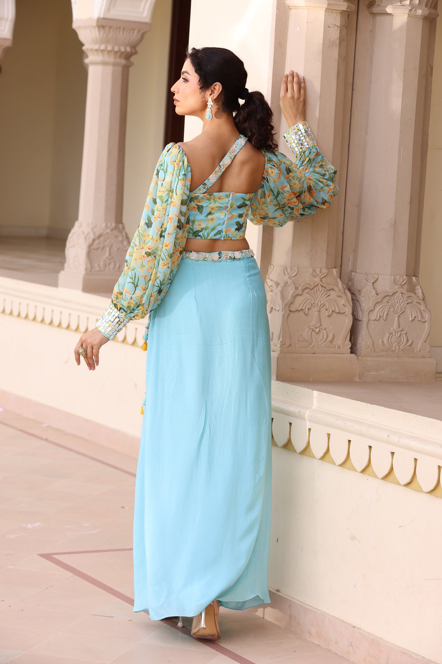 Gul Noor Blue drape skirt set