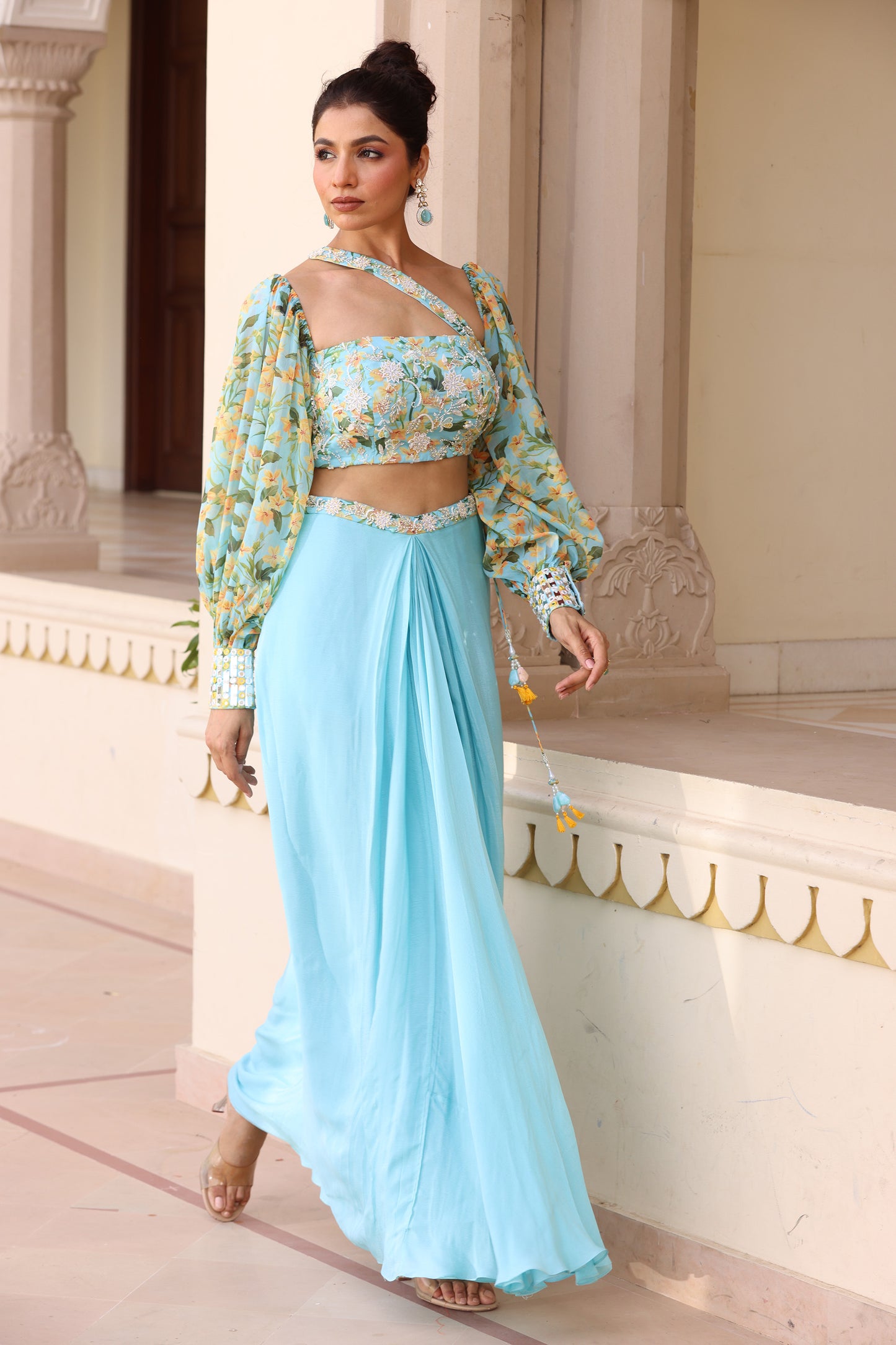 Gul Noor Blue drape skirt set