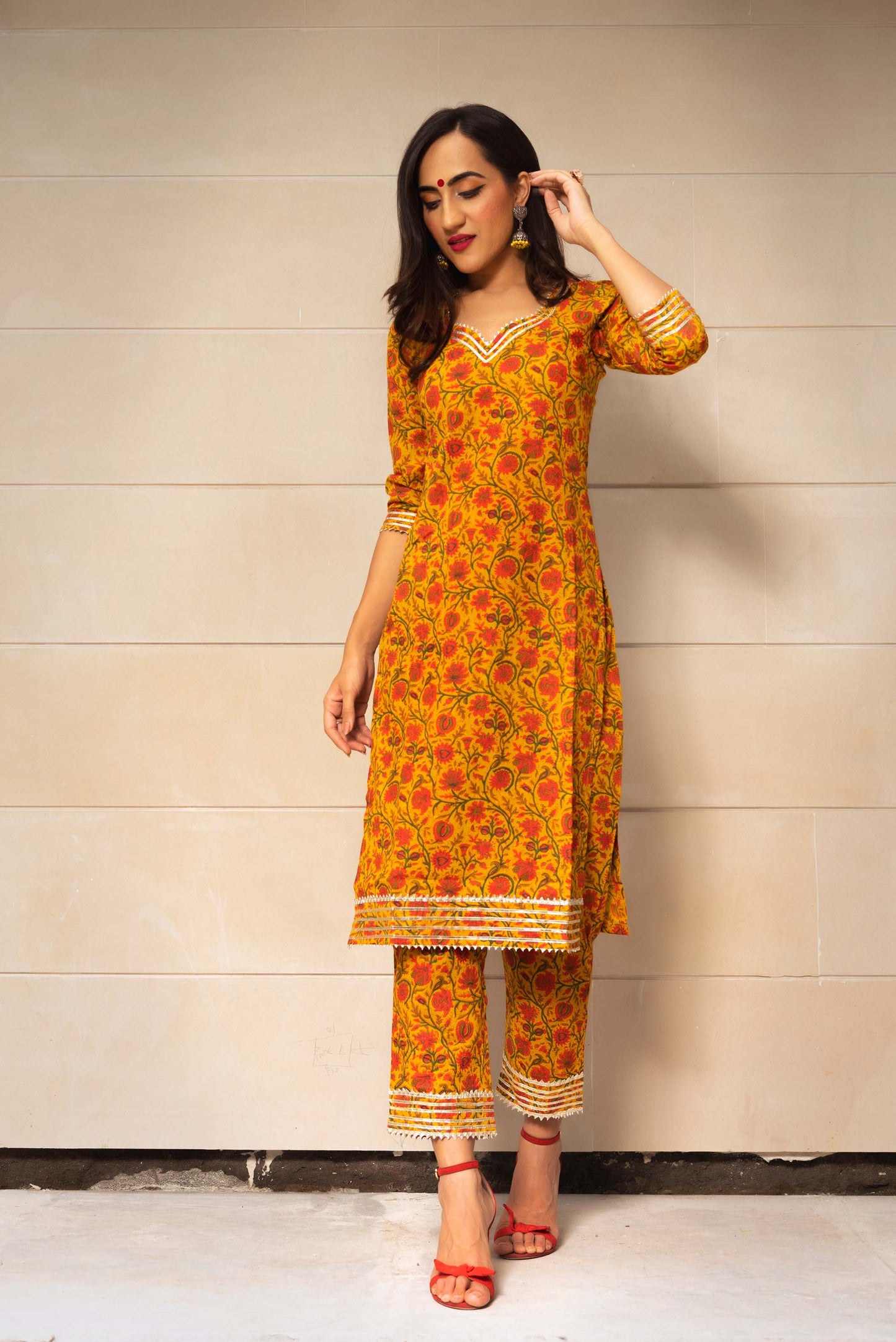 Jarokha Mustard yellow hand block print kurta set