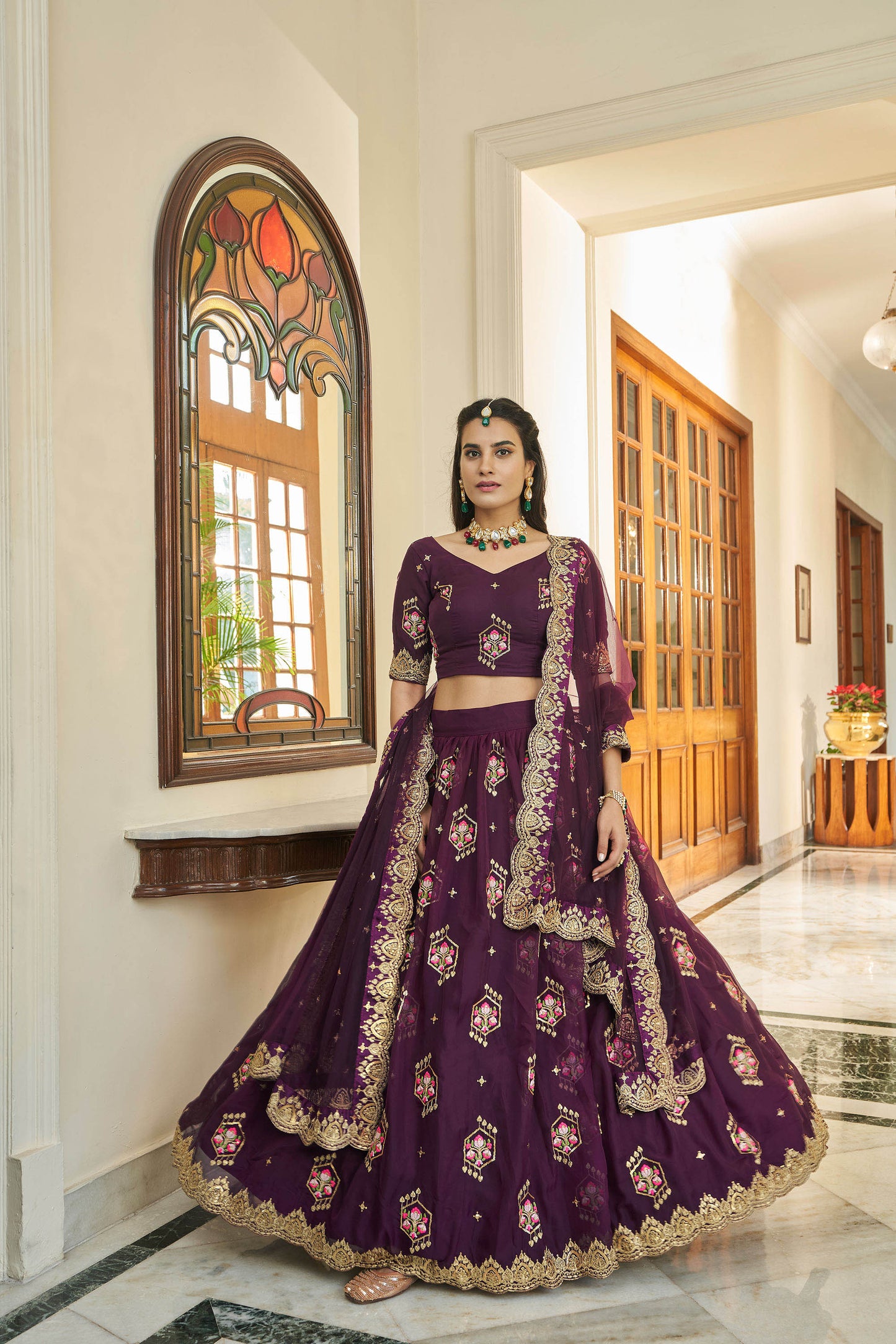 Purple Organza Sequins Work Bridesmaid Lehenga