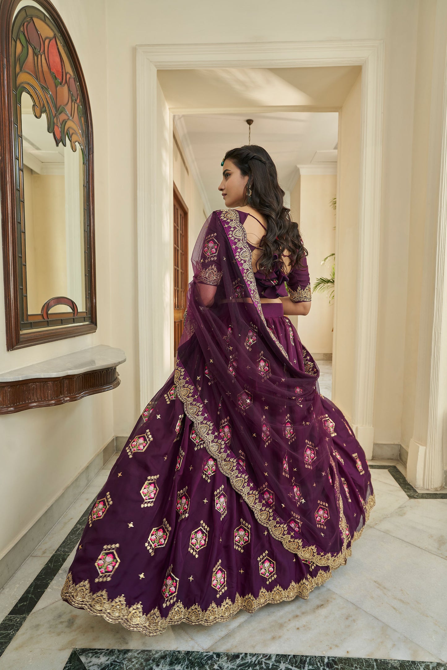 Purple Organza Sequins Work Bridesmaid Lehenga