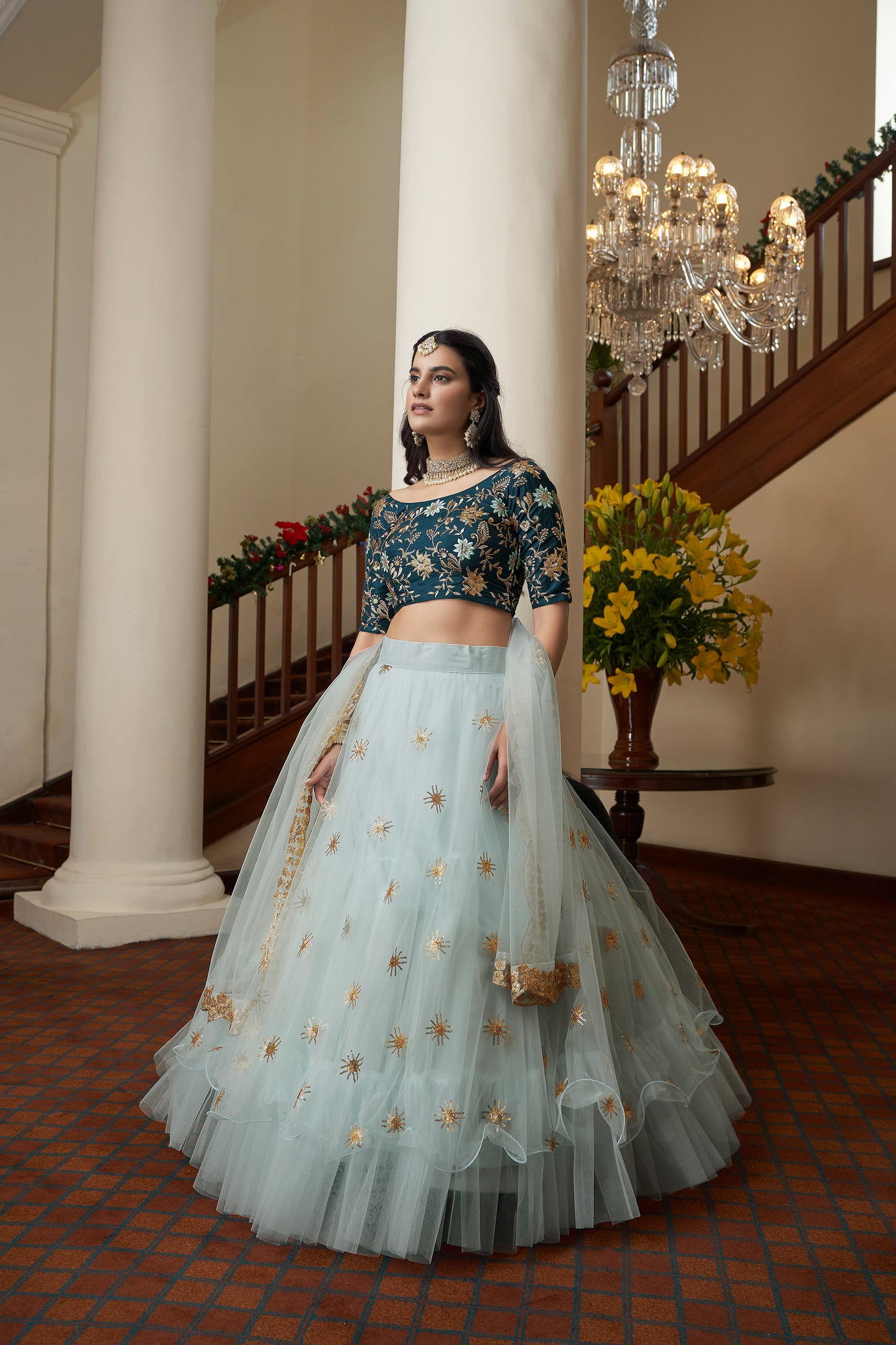 Sky Blue Butterfly Net Sequins Embroidery Lehenga