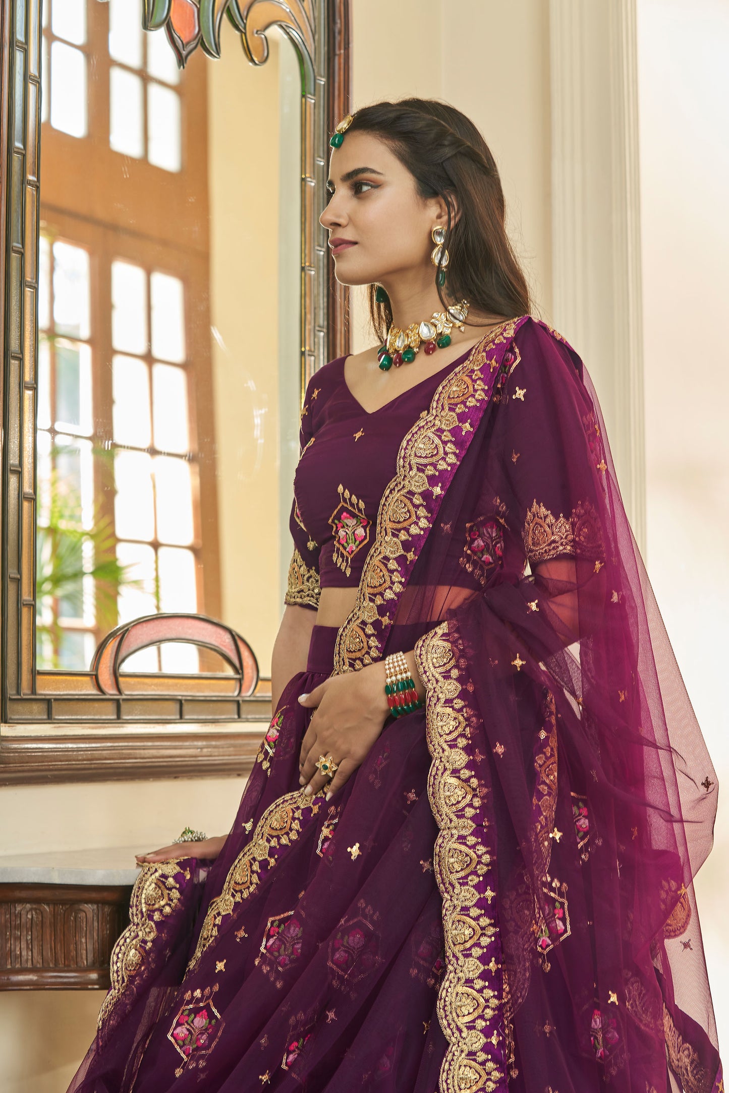 Purple Organza Sequins Work Bridesmaid Lehenga