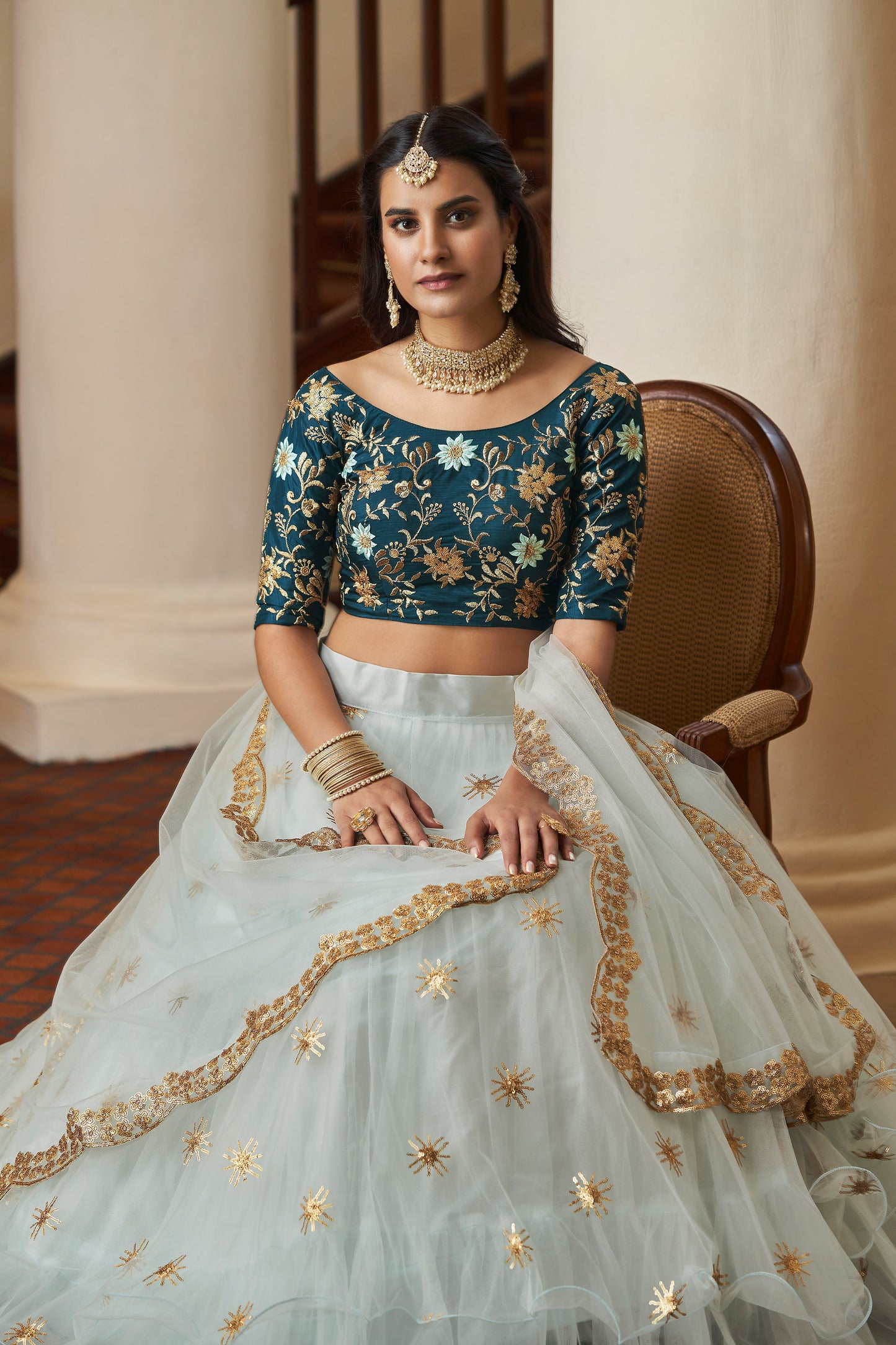 Sky Blue Butterfly Net Sequins Embroidery Lehenga