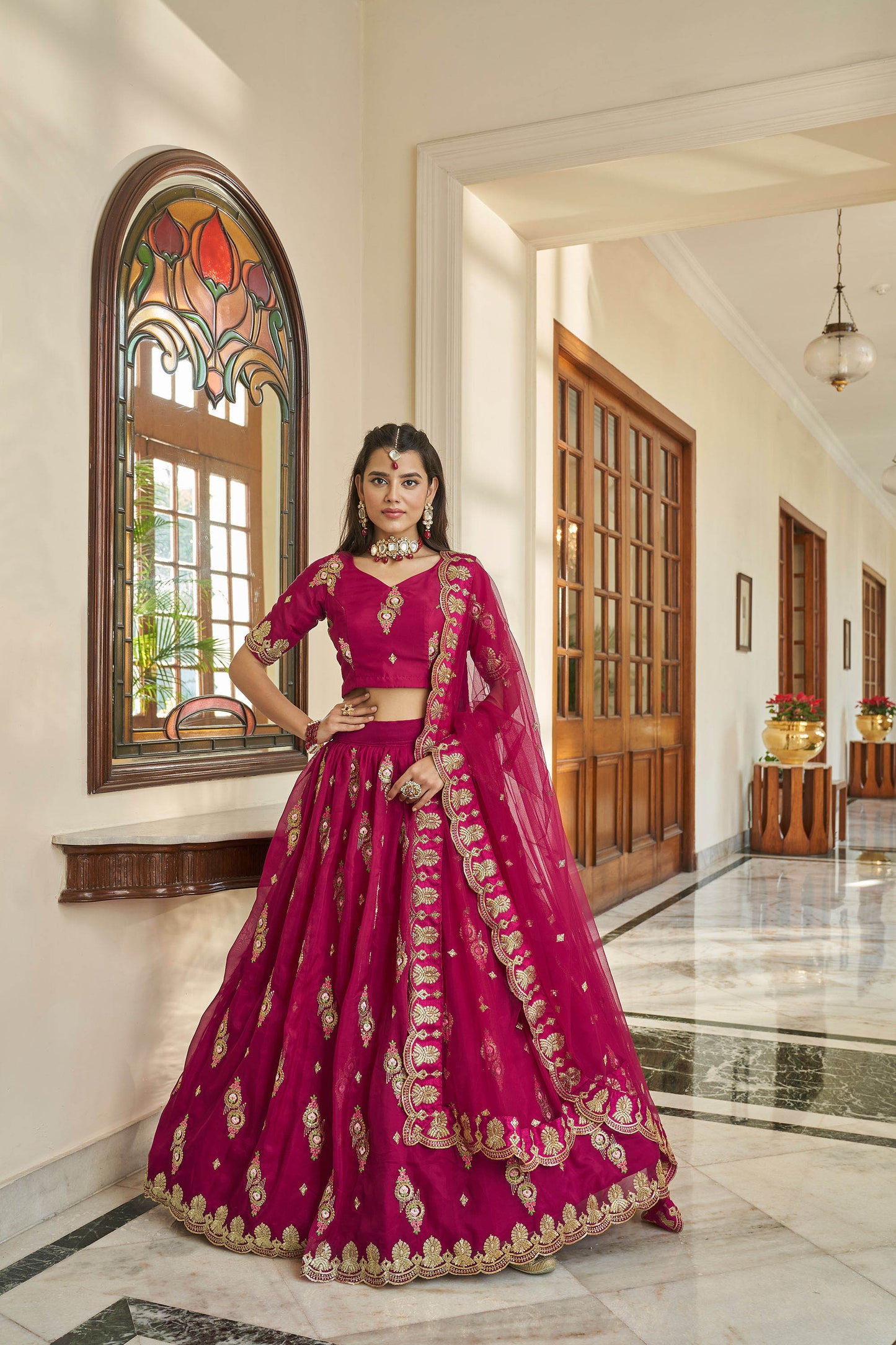 Cherry Pink Organza Sequins Work Bridesmaid Lehenga