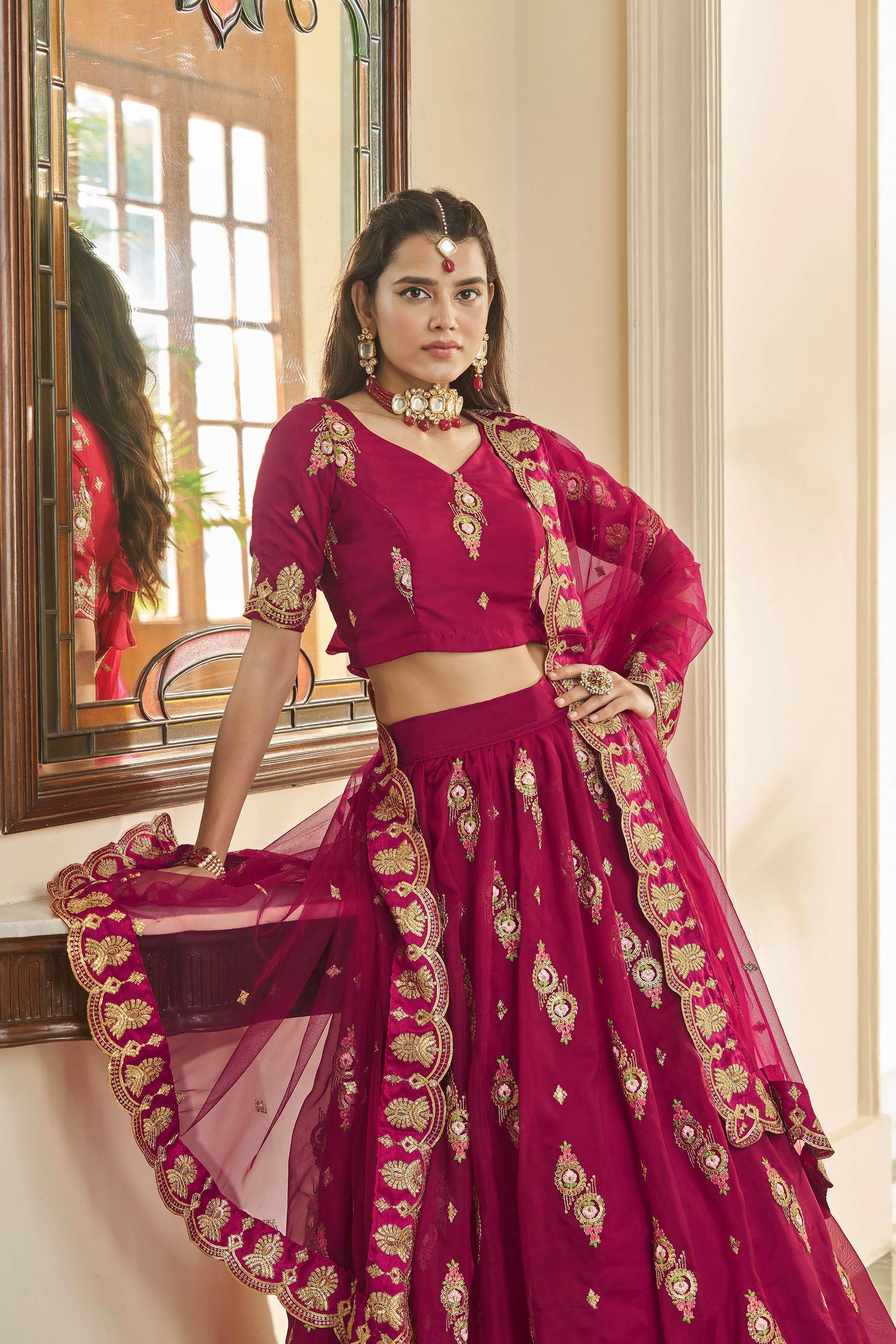 Cherry Pink Organza Sequins Work Bridesmaid Lehenga