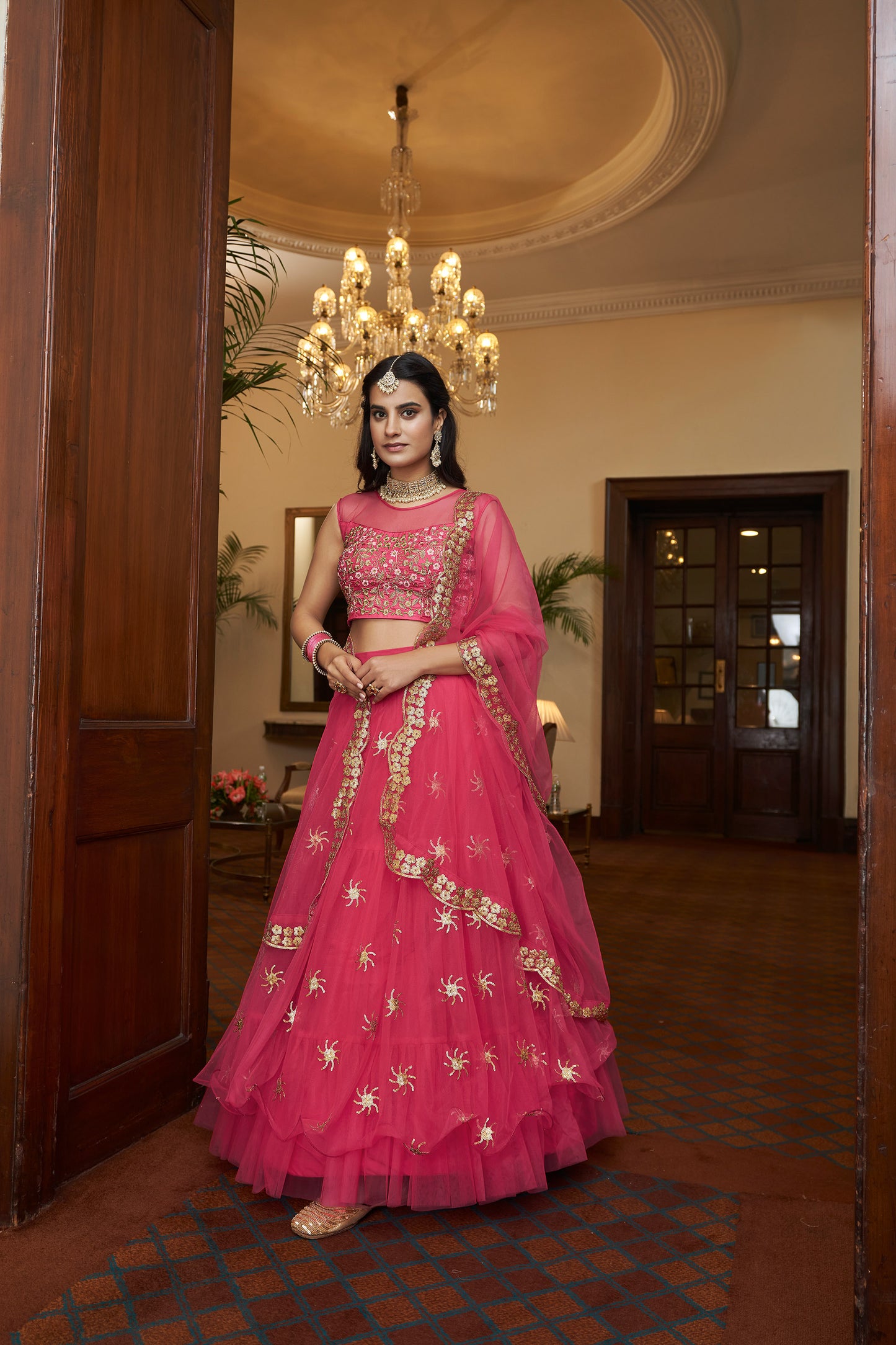 Dark Pink Butterfly Net Sequins Embroidery Lehenga