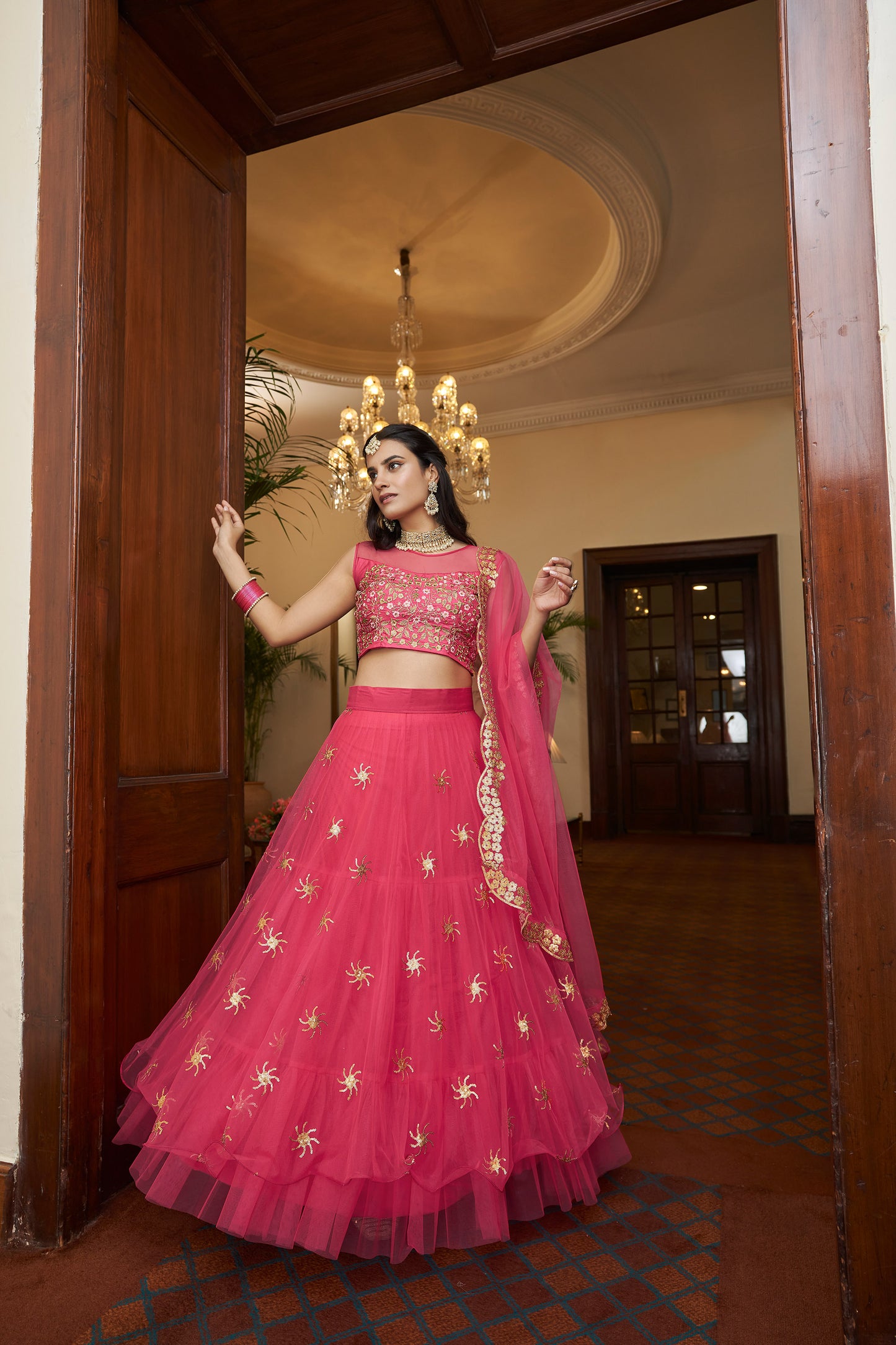 Dark Pink Butterfly Net Sequins Embroidery Lehenga