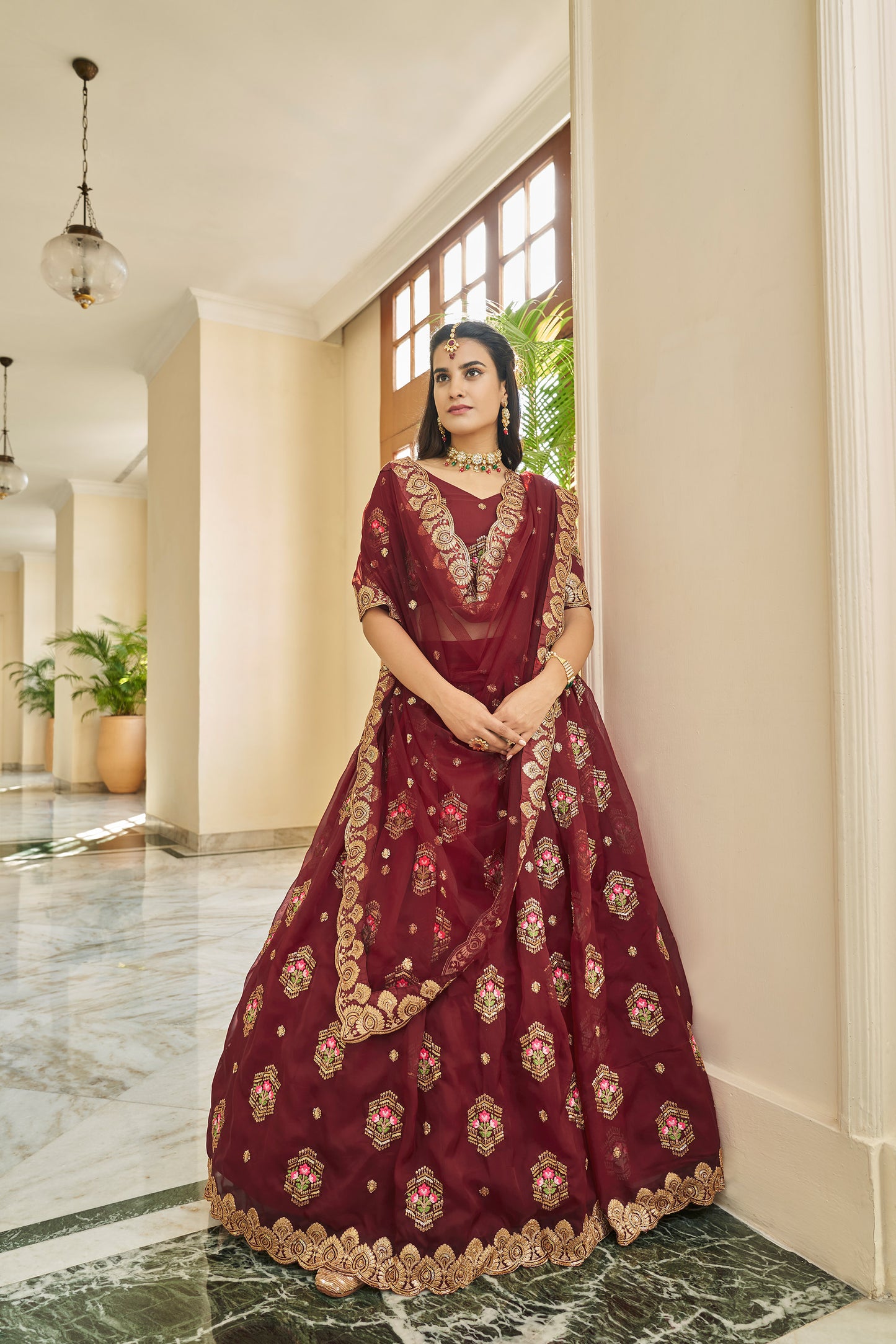 Maroon Organza Zari and Sequins Embroidery  Lehenga