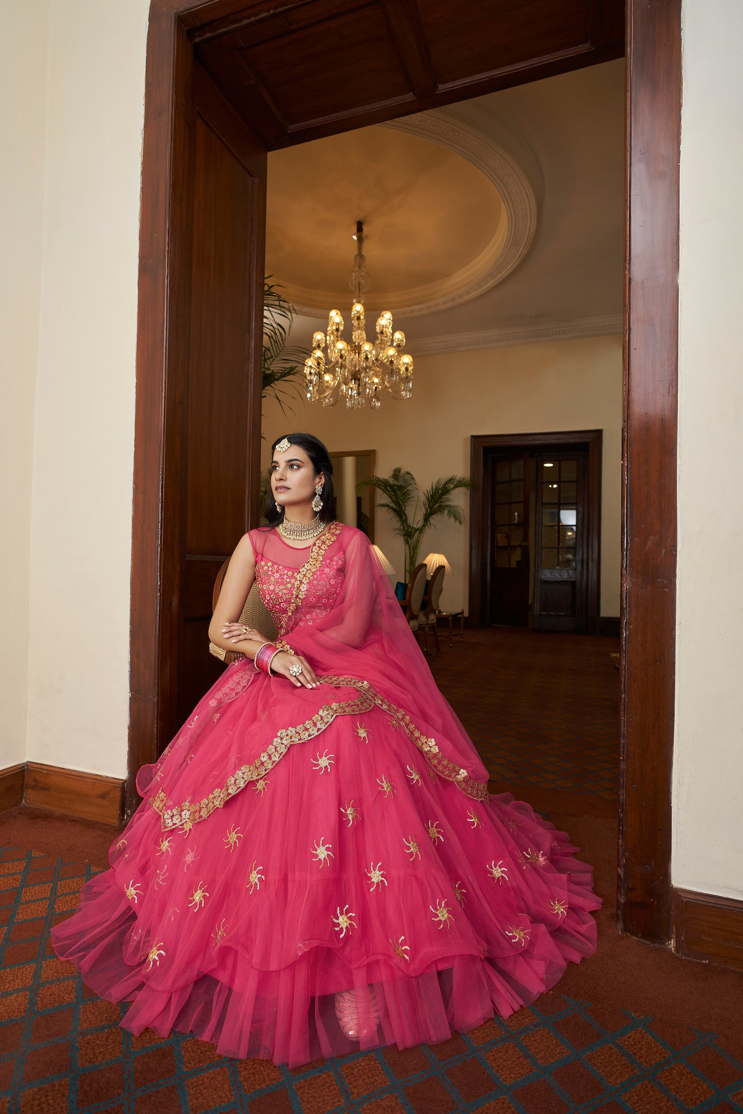 Dark Pink Butterfly Net Sequins Embroidery Lehenga