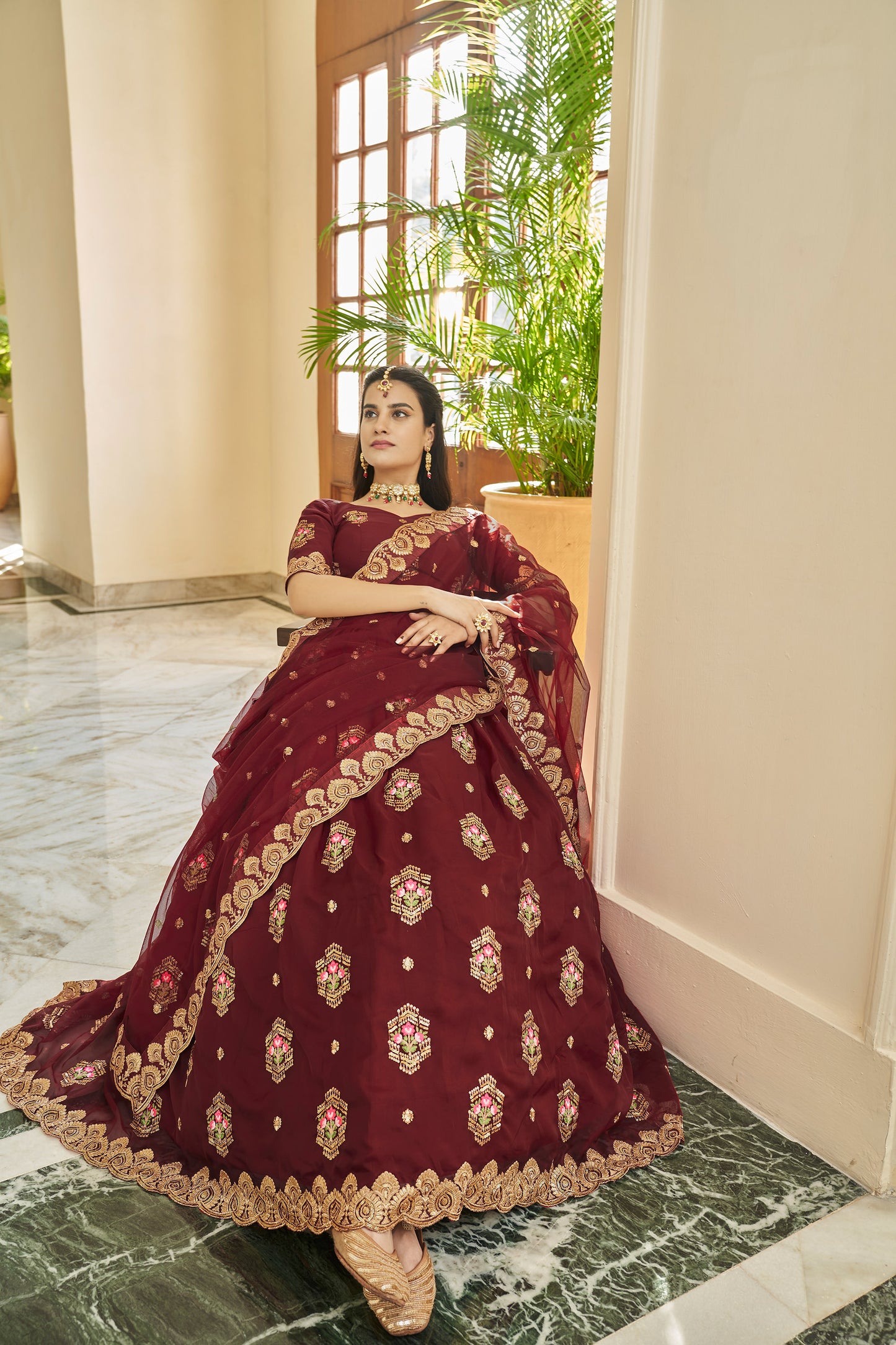 Maroon Organza Zari and Sequins Embroidery  Lehenga