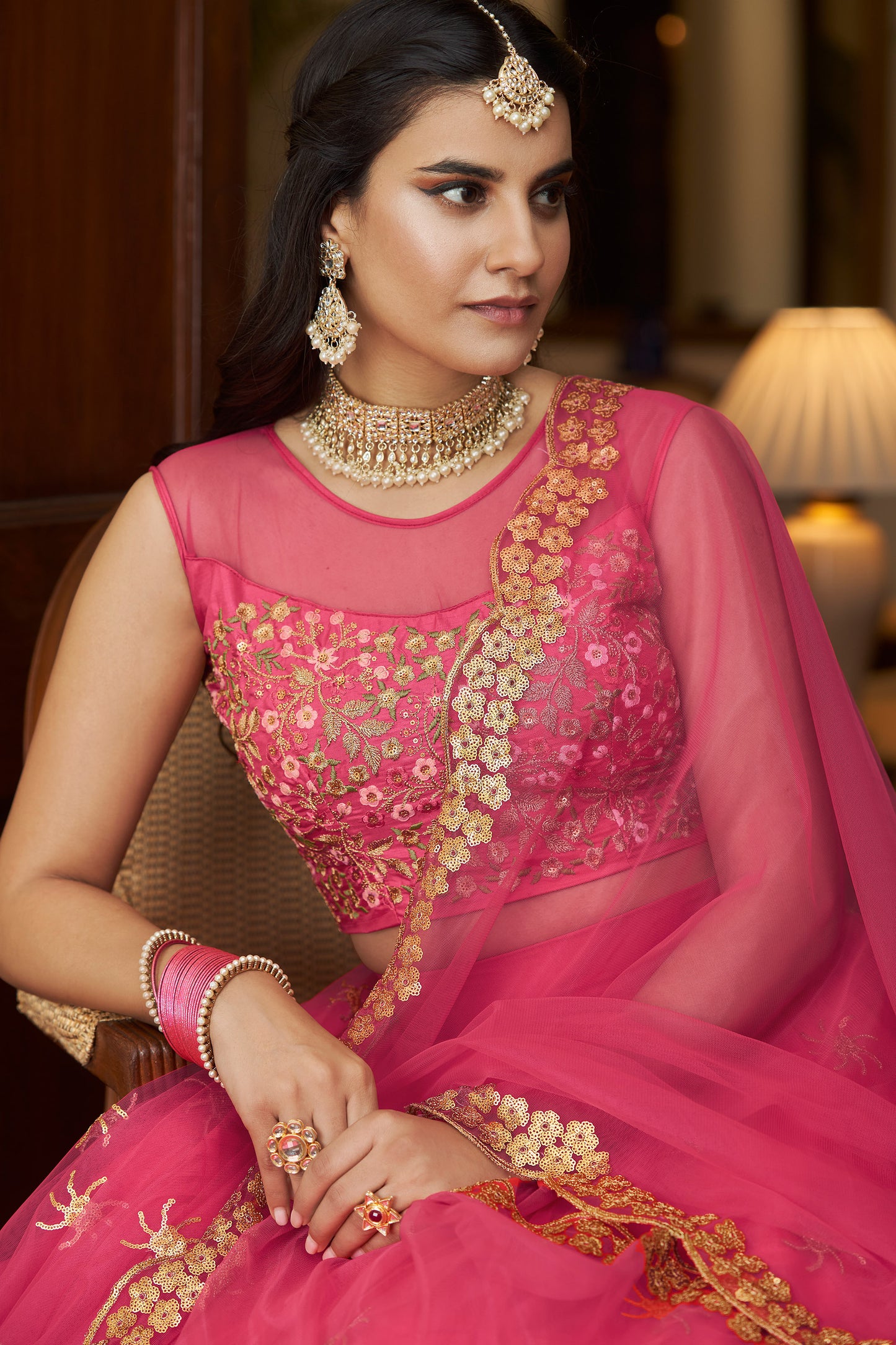 Dark Pink Butterfly Net Sequins Embroidery Lehenga