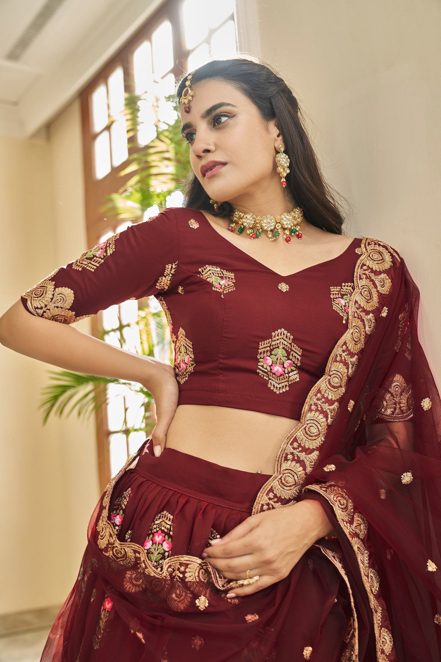 Maroon Organza Zari and Sequins Embroidery  Lehenga