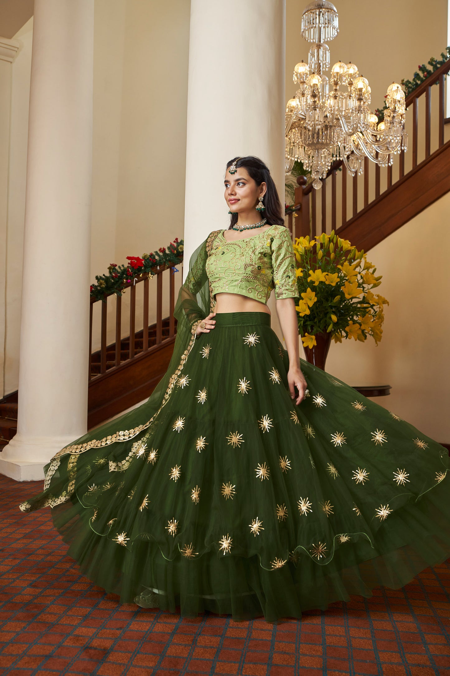 Green Butterfly Net Sequins Embroidery Mehendi  Lehenga