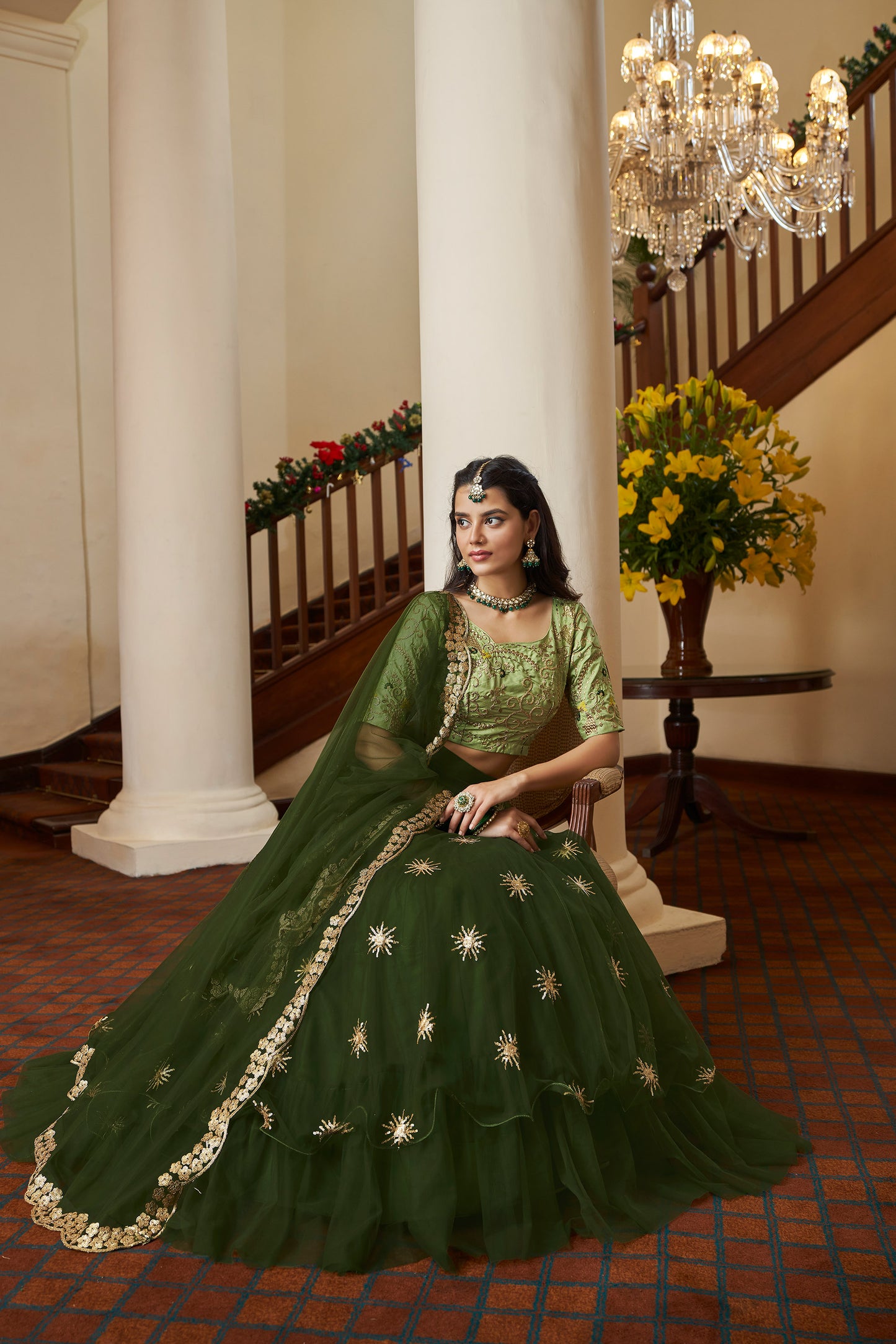 Green Butterfly Net Sequins Embroidery Mehendi  Lehenga