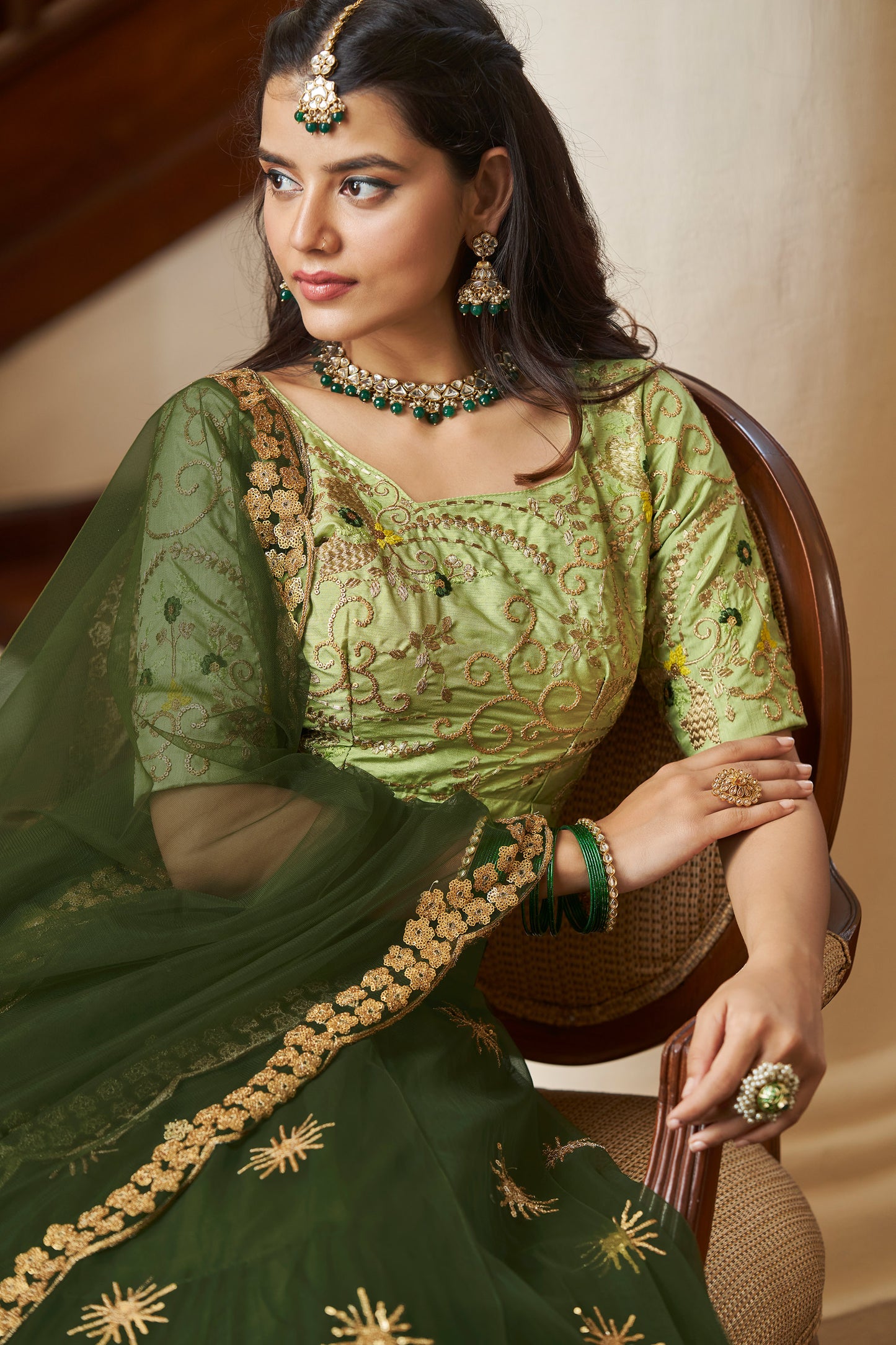 Green Butterfly Net Sequins Embroidery Mehendi  Lehenga