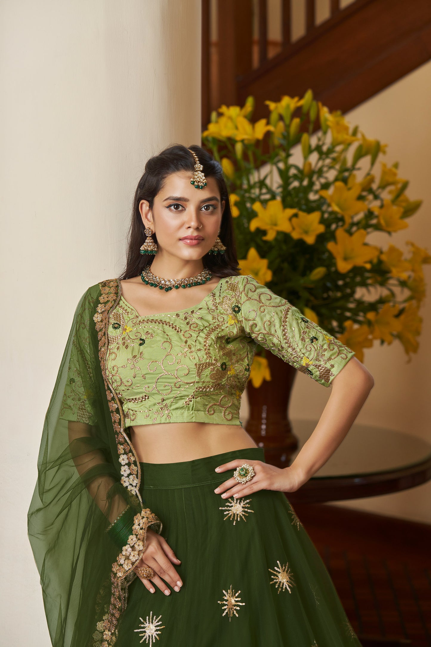 Green Butterfly Net Sequins Embroidery Mehendi  Lehenga