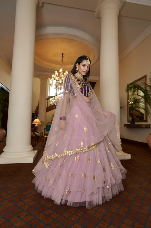 Light Purple Butterfly Net Sequins Embroidery Lehenga