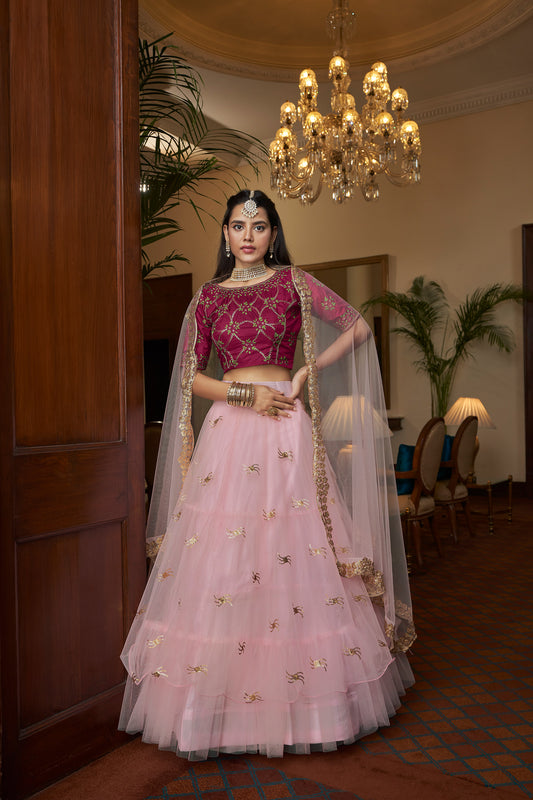 Baby Pink Butterfly Net Sequins Embroidery Lehenga