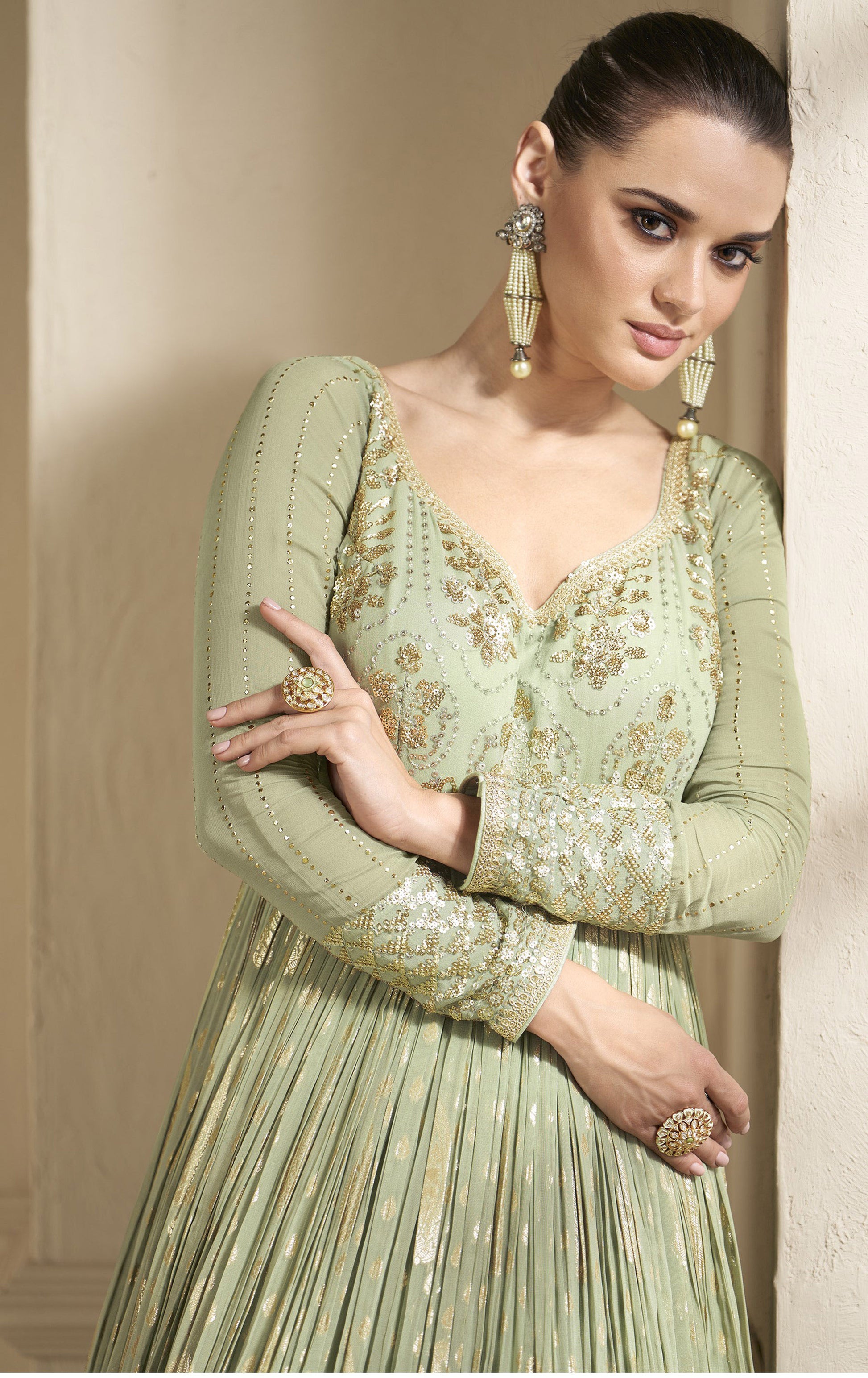 Sea Green Color Faux Georgette Sequins Embroidery AnarkaliSea Green Color Faux Georgette Sequins Embroidery Anarkali