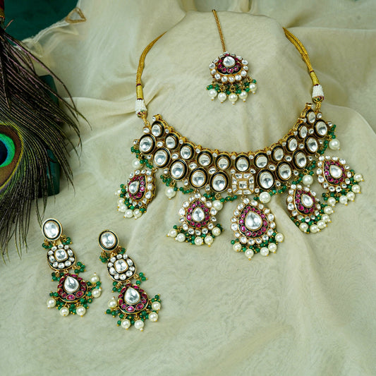 Multi-Colour Rajasi Kundan Choker Set with Earrings and Mangtika