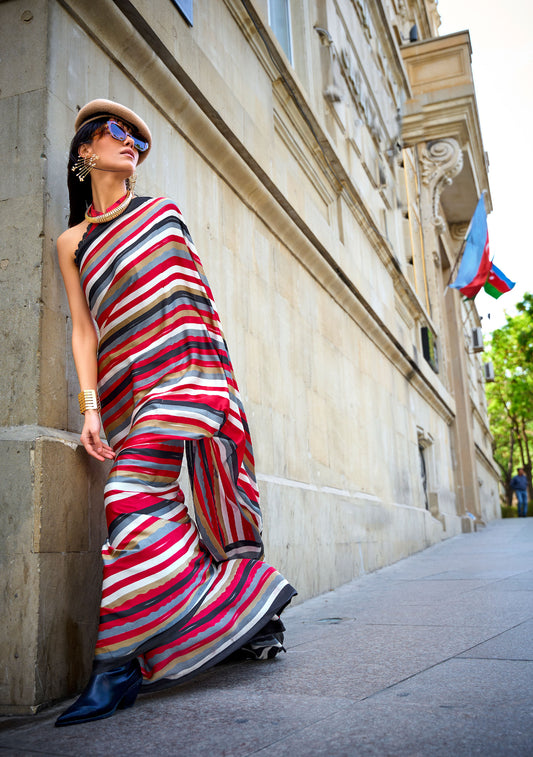 Red and Black Stripes Kubik Print Satin Saree