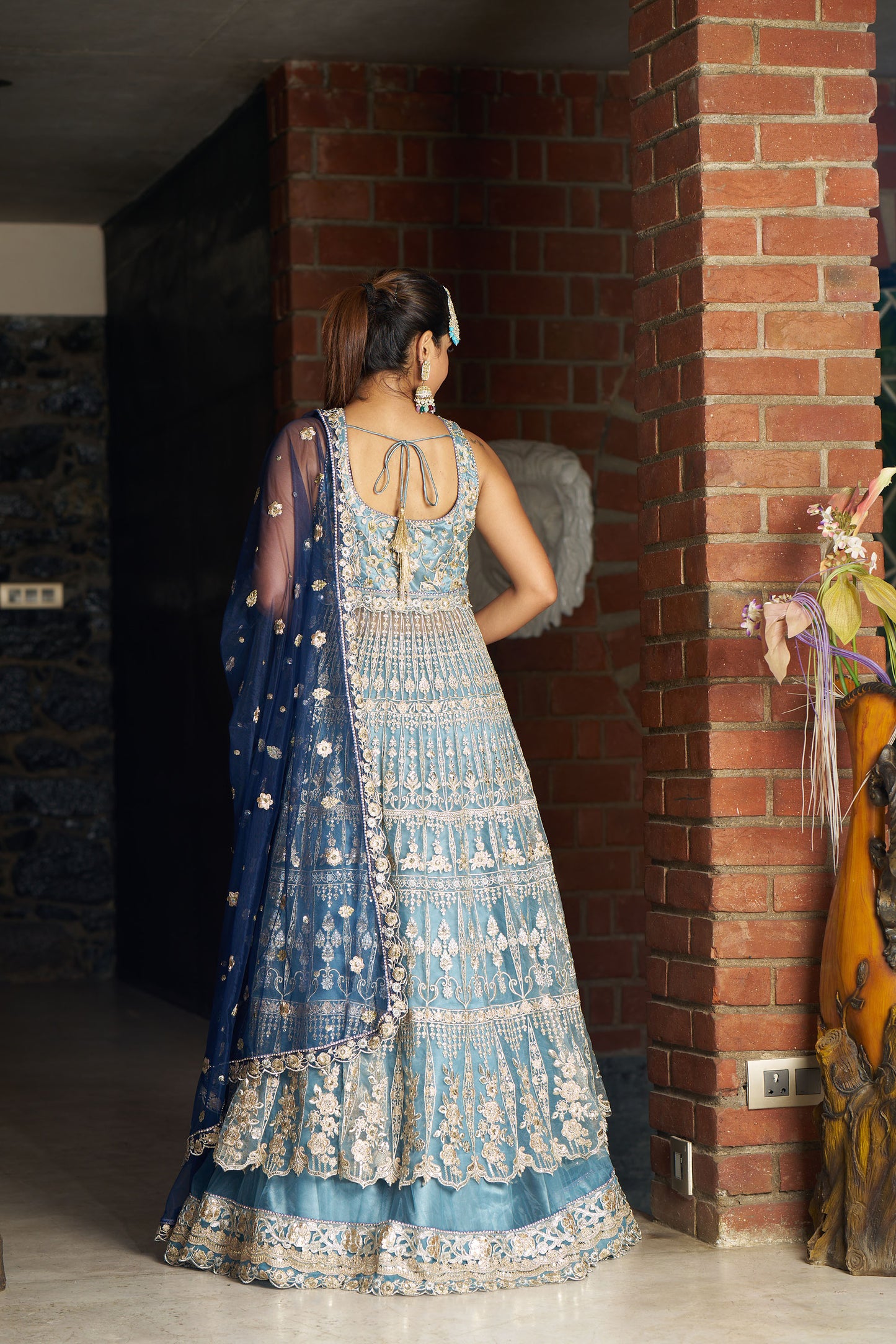 Dusty Blue Anarkali with Lehenga