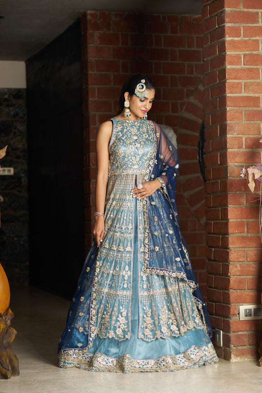 Dusty Blue Anarkali with Lehenga