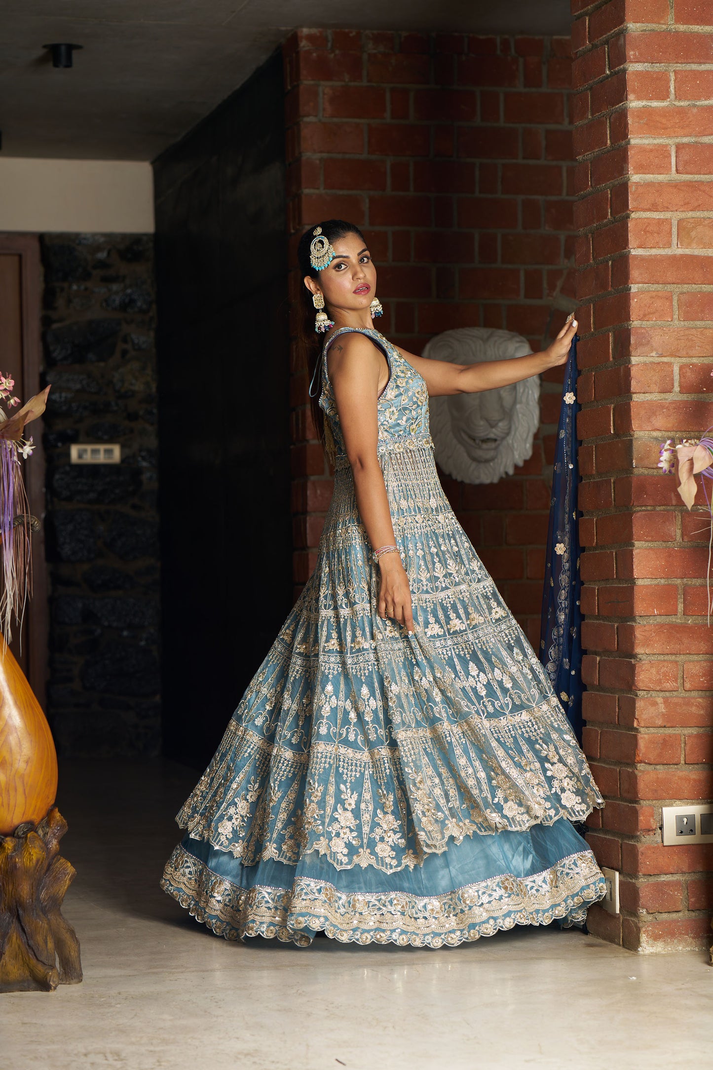 Dusty Blue Anarkali with Lehenga