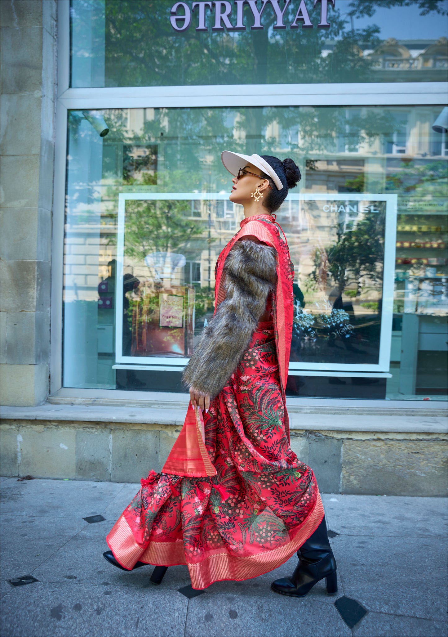 Red Floral Klay Print Satin Organza Saree