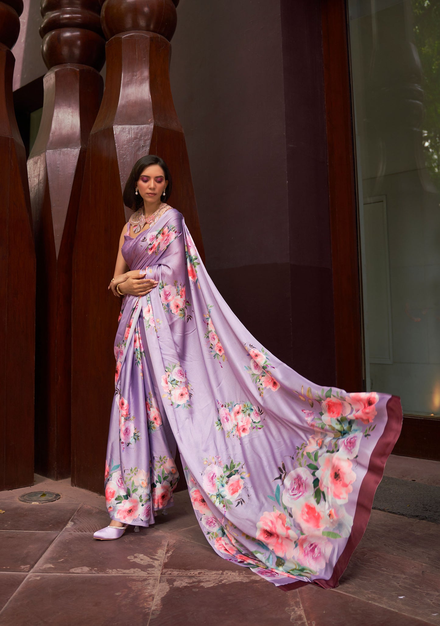 Lavender Floral Print Kudos Digital Printed Satin Saree