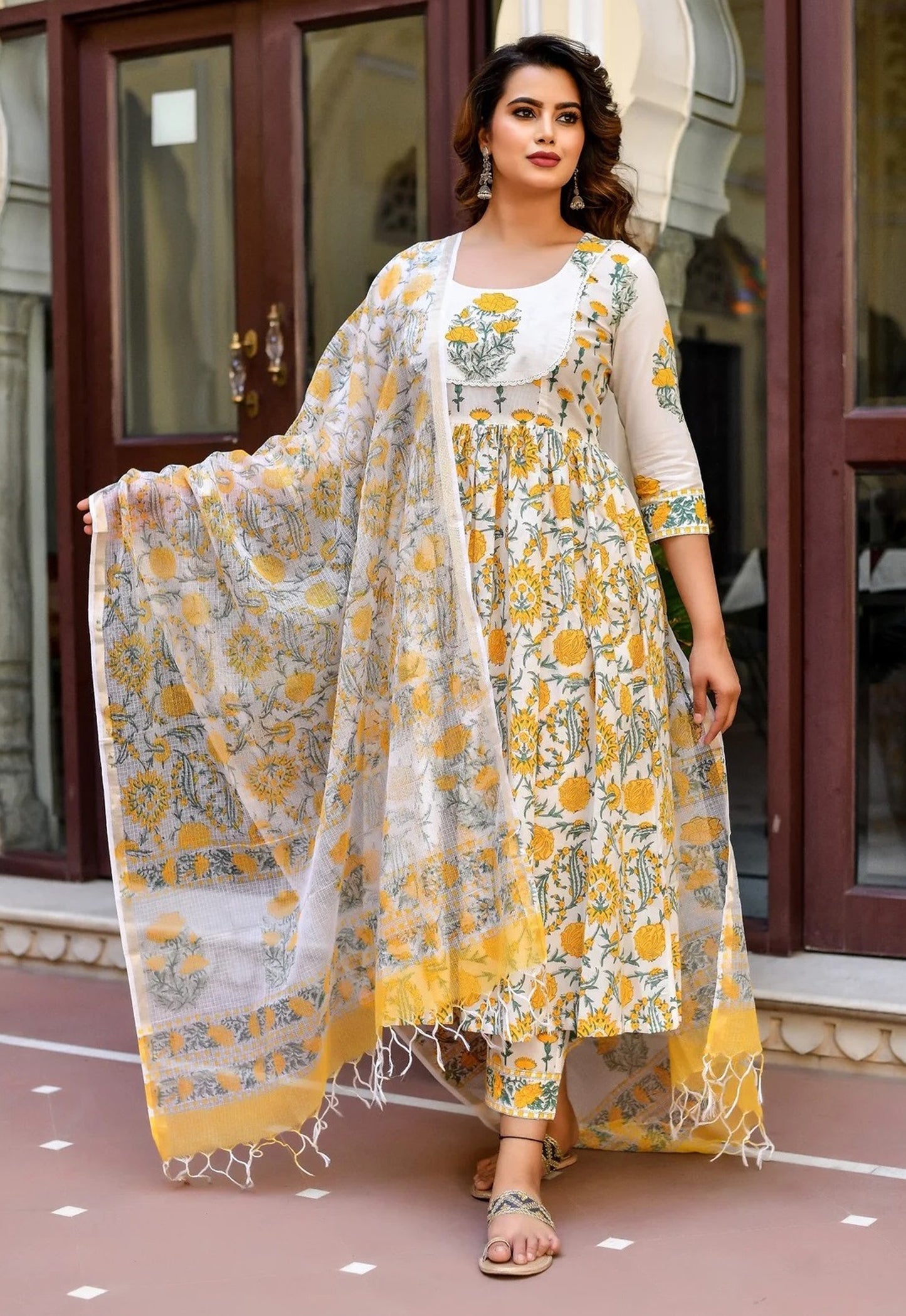 Women White Printed Pure Cotton Kurta, Pant And Dupatta Set